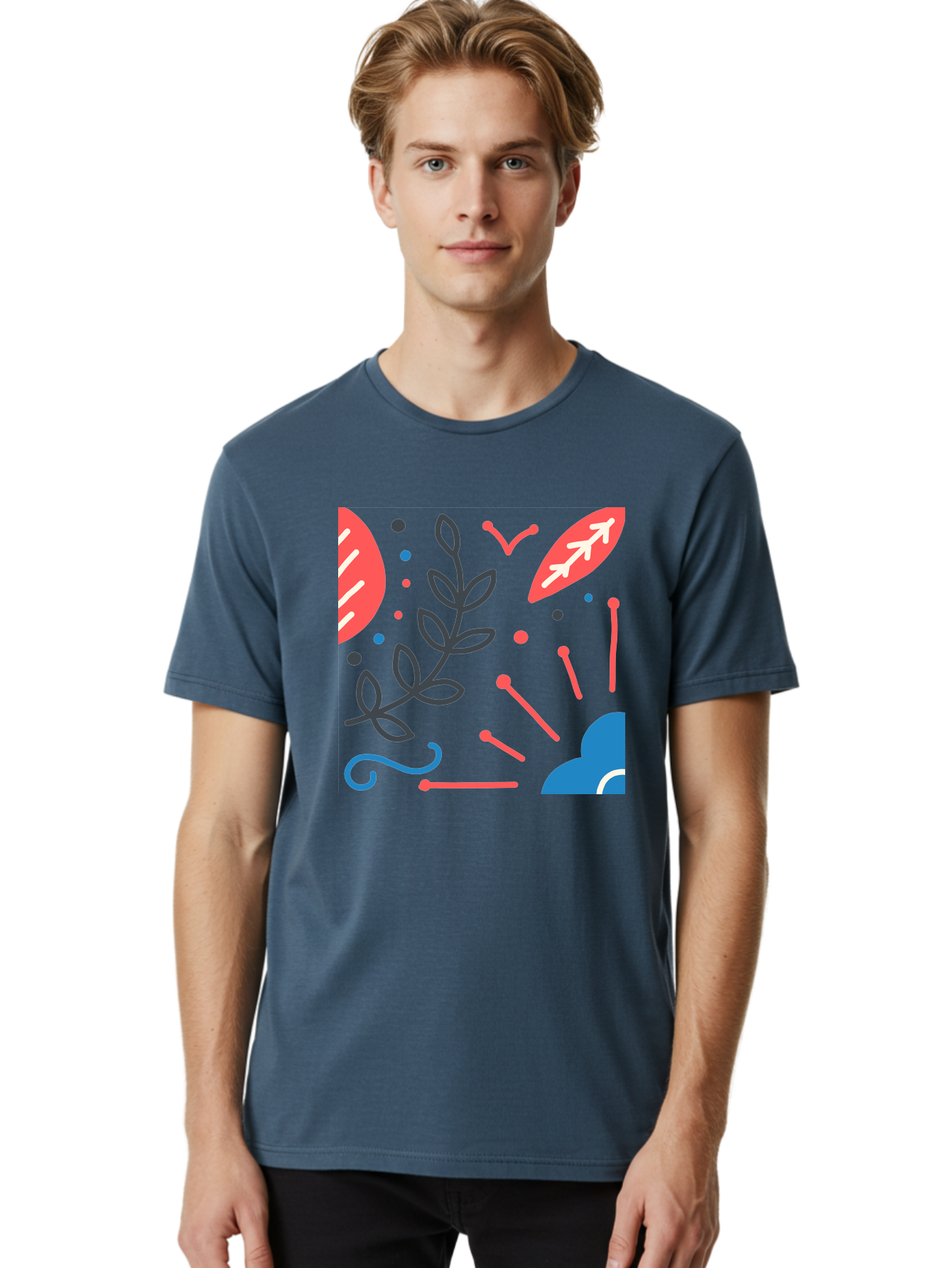 Abstract-Floral-Pattern-2 Men'S Graphic Tee, 100% Cotton, Comfortable Casual Summer Wear, Machine Washable, Memphis Pattern, Abstract Design, Colorful Shapes, Playful Art, Trendy Graphics, Modern Illustration, Vibrant Leaves, Aab651