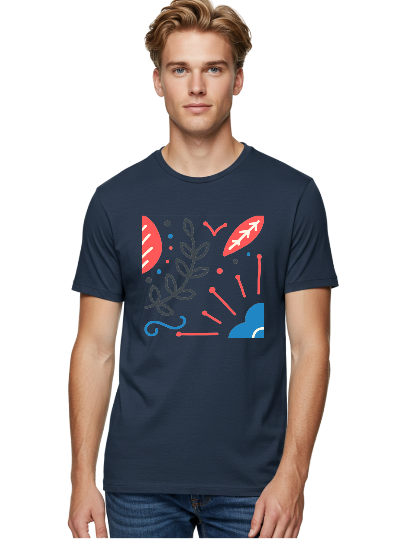Abstract-Floral-Pattern-2 Men'S Graphic Tee, 100% Cotton, Comfortable Casual Summer Wear, Machine Washable, Memphis Pattern, Abstract Design, Colorful Shapes, Playful Art, Trendy Graphics, Modern Illustration, Vibrant Leaves, Aab651