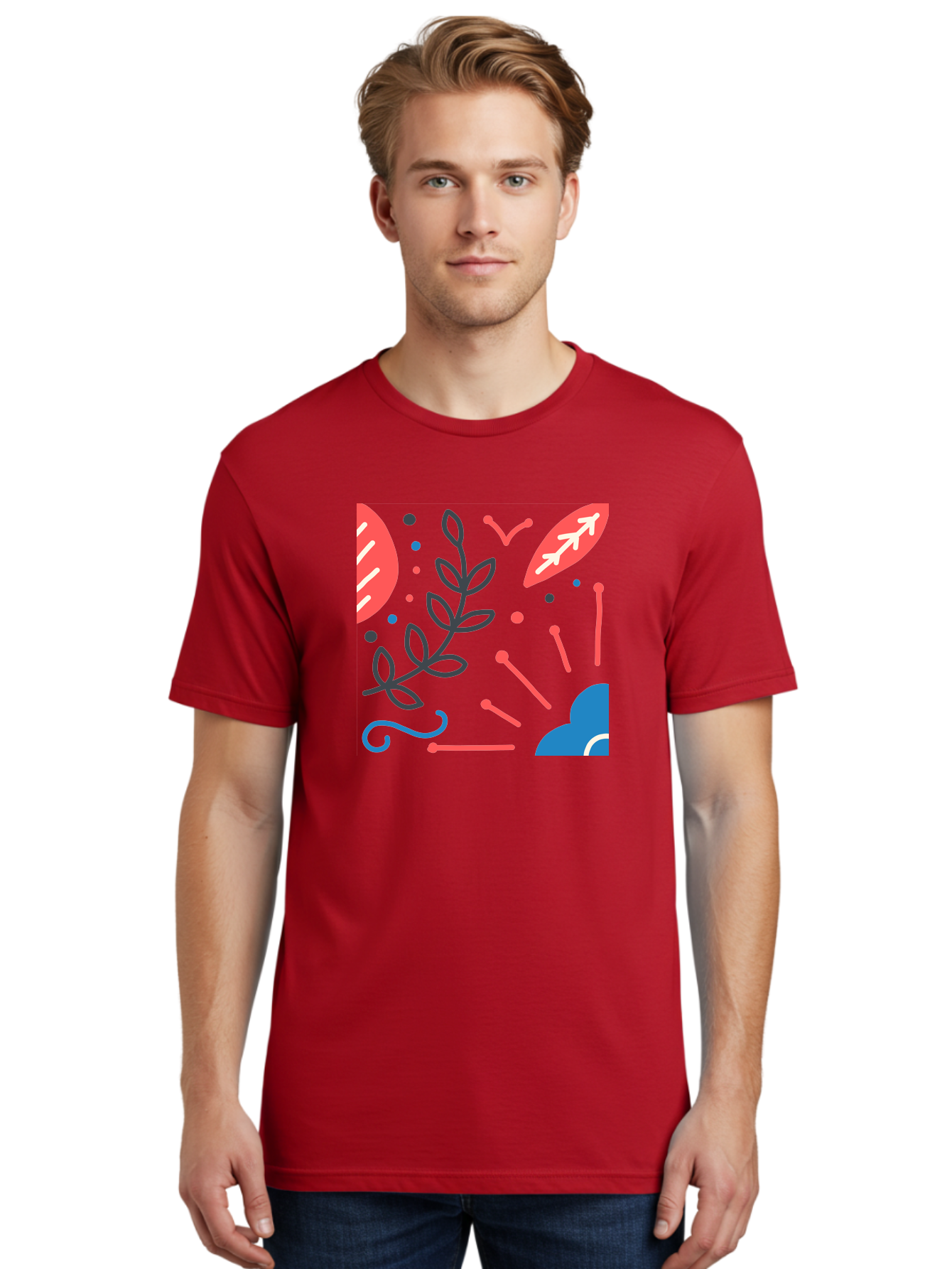 Abstract-Floral-Pattern-2 Men'S Graphic Tee, 100% Cotton, Comfortable Casual Summer Wear, Machine Washable, Memphis Pattern, Abstract Design, Colorful Shapes, Playful Art, Trendy Graphics, Modern Illustration, Vibrant Leaves, Aab651