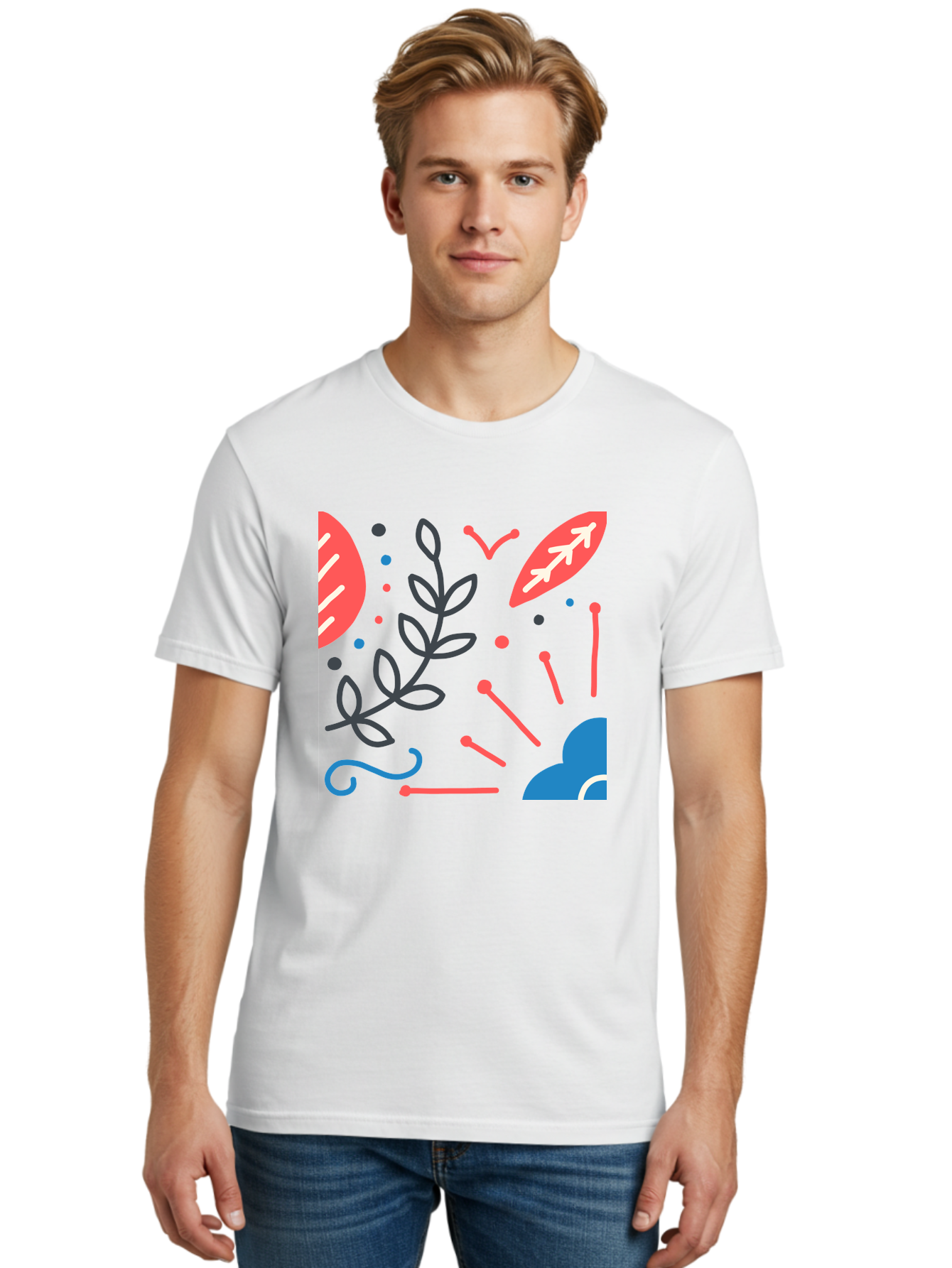 Abstract-Floral-Pattern-2 Men'S Graphic Tee, 100% Cotton, Comfortable Casual Summer Wear, Machine Washable, Memphis Pattern, Abstract Design, Colorful Shapes, Playful Art, Trendy Graphics, Modern Illustration, Vibrant Leaves, Aab651