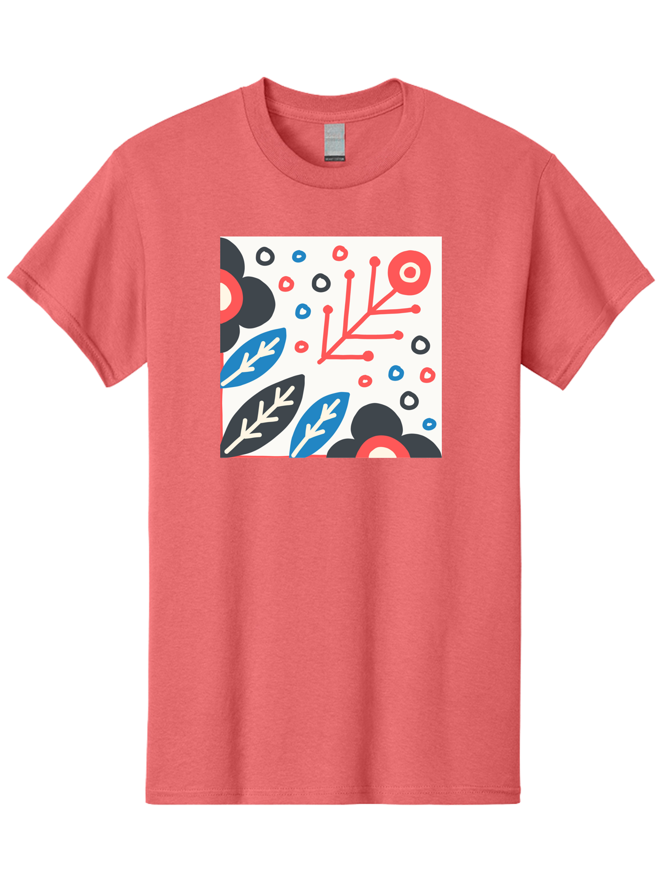 Abstract-Floral-Pattern Men'S Graphic Tee, 100% Cotton, Comfortable Casual Summer Wear, Machine Washable, Stylized Floral Pattern, Abstract Design, Red, Blue, Black, And White Hues, Leafy Elements, Circular Motifs, Modern Art, Graphic Design, Aab652