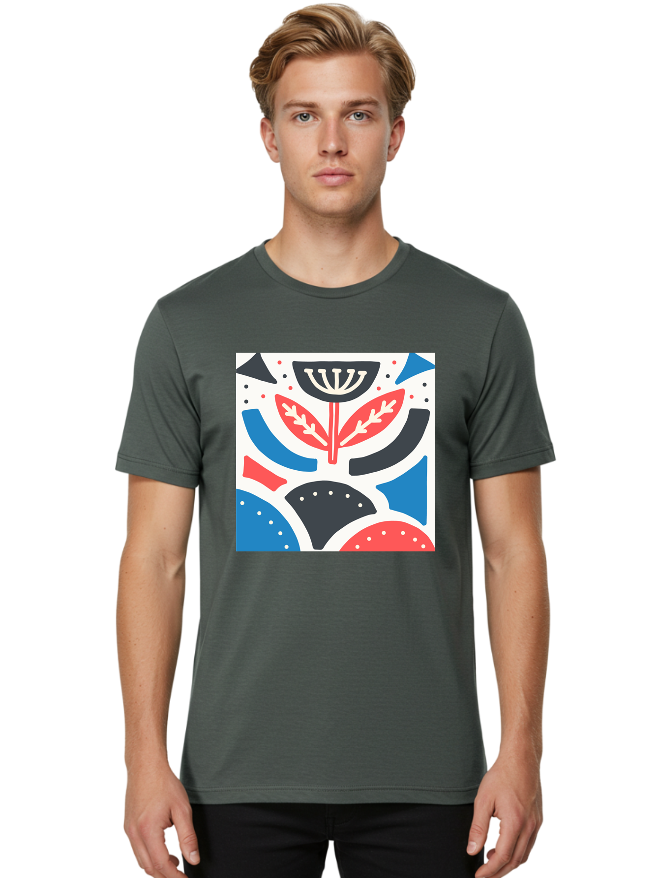 Abstract-Flower-1 Men'S Graphic Tee, 100% Cotton, Comfortable Casual Summer Wear, Machine Washable, Stylized Flower, Abstract Shapes, Red And Blue Hues, Black And White Accents, Modern Art, Graphic Design, Artistic Expression, Aab653