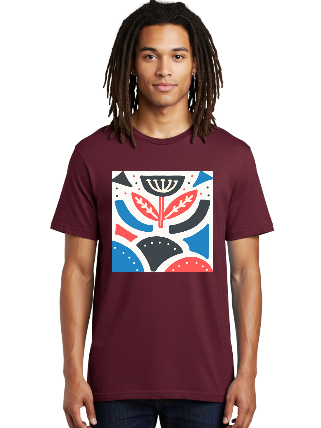 Abstract-Flower-1 Men'S Graphic Tee, 100% Cotton, Comfortable Casual Summer Wear, Machine Washable, Stylized Flower, Abstract Shapes, Red And Blue Hues, Black And White Accents, Modern Art, Graphic Design, Artistic Expression, Aab653