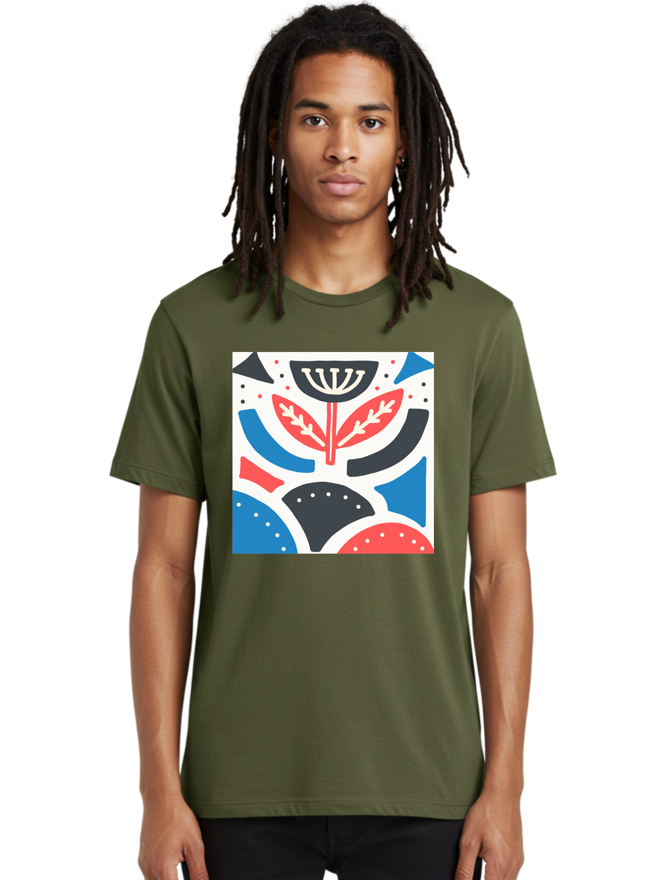 Abstract-Flower-1 Men'S Graphic Tee, 100% Cotton, Comfortable Casual Summer Wear, Machine Washable, Stylized Flower, Abstract Shapes, Red And Blue Hues, Black And White Accents, Modern Art, Graphic Design, Artistic Expression, Aab653