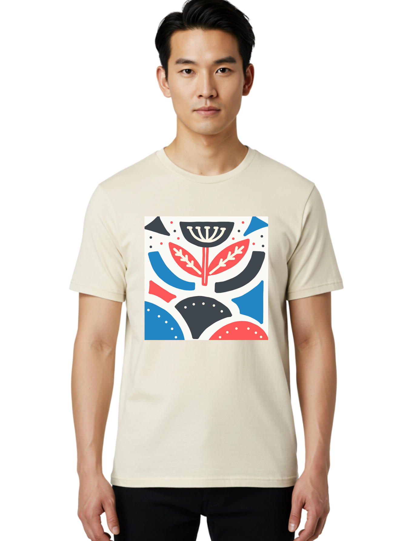 Abstract-Flower-1 Men'S Graphic Tee, 100% Cotton, Comfortable Casual Summer Wear, Machine Washable, Stylized Flower, Abstract Shapes, Red And Blue Hues, Black And White Accents, Modern Art, Graphic Design, Artistic Expression, Aab653