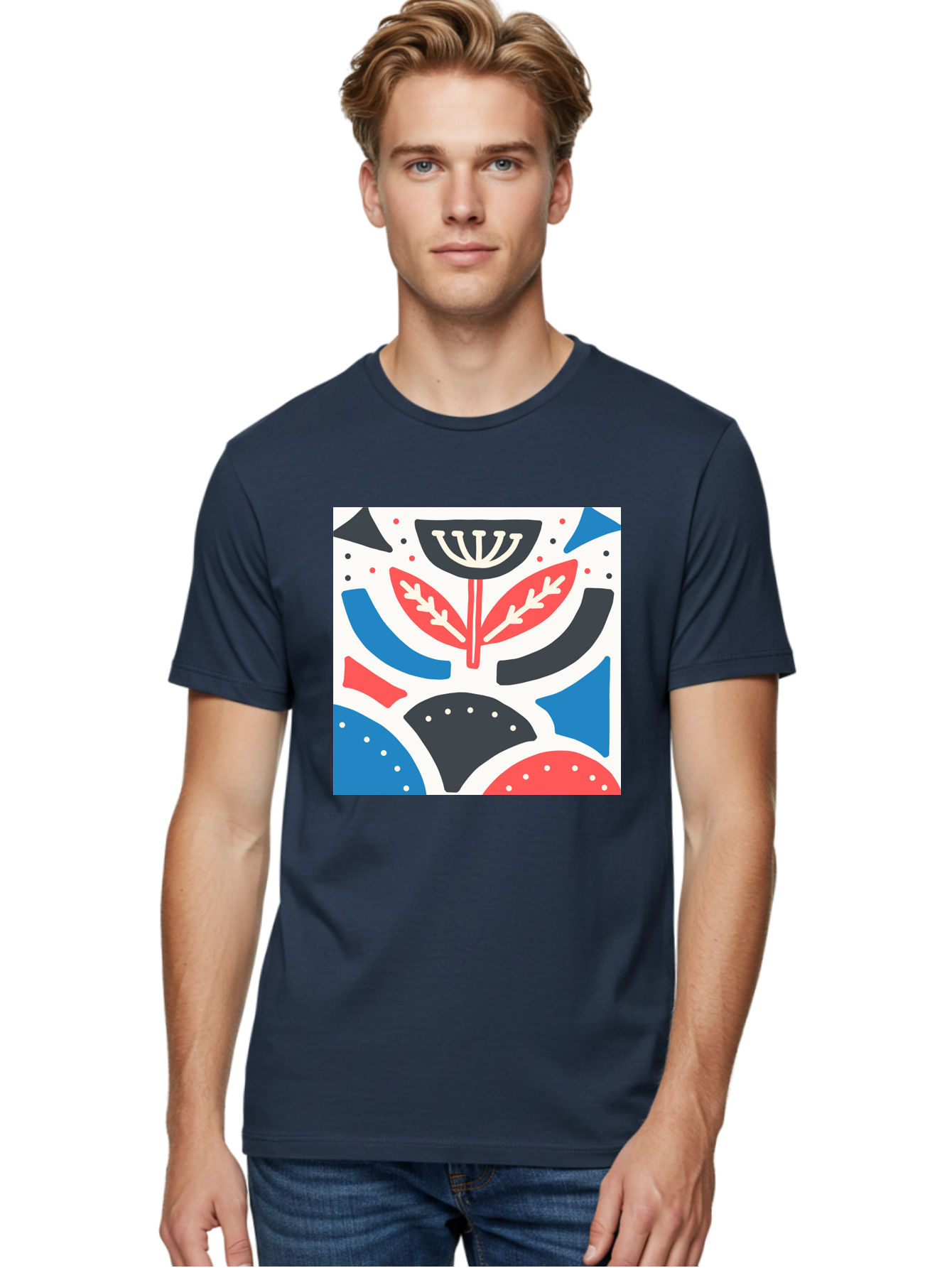 Abstract-Flower-1 Men'S Graphic Tee, 100% Cotton, Comfortable Casual Summer Wear, Machine Washable, Stylized Flower, Abstract Shapes, Red And Blue Hues, Black And White Accents, Modern Art, Graphic Design, Artistic Expression, Aab653