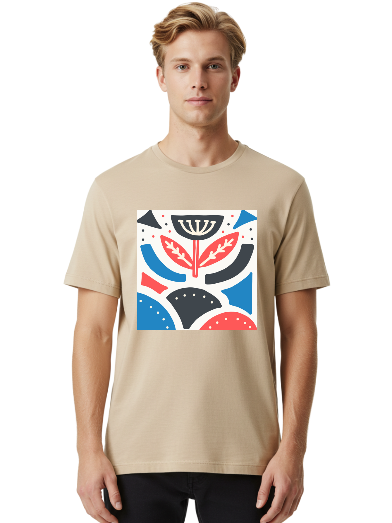 Abstract-Flower-1 Men'S Graphic Tee, 100% Cotton, Comfortable Casual Summer Wear, Machine Washable, Stylized Flower, Abstract Shapes, Red And Blue Hues, Black And White Accents, Modern Art, Graphic Design, Artistic Expression, Aab653