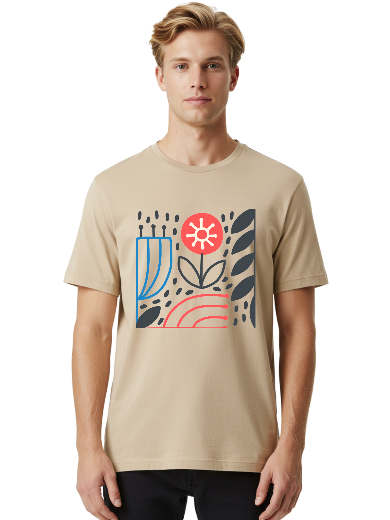 Abstract-Flower Men'S Graphic Tee, 100% Cotton, Comfortable Casual Summer Wear, Machine Washable, Stylish Flower, Abstract Art, Minimalist Design, Simple Shapes, Floral Pattern, Modern Aesthetic, Artistic Expression Aab654