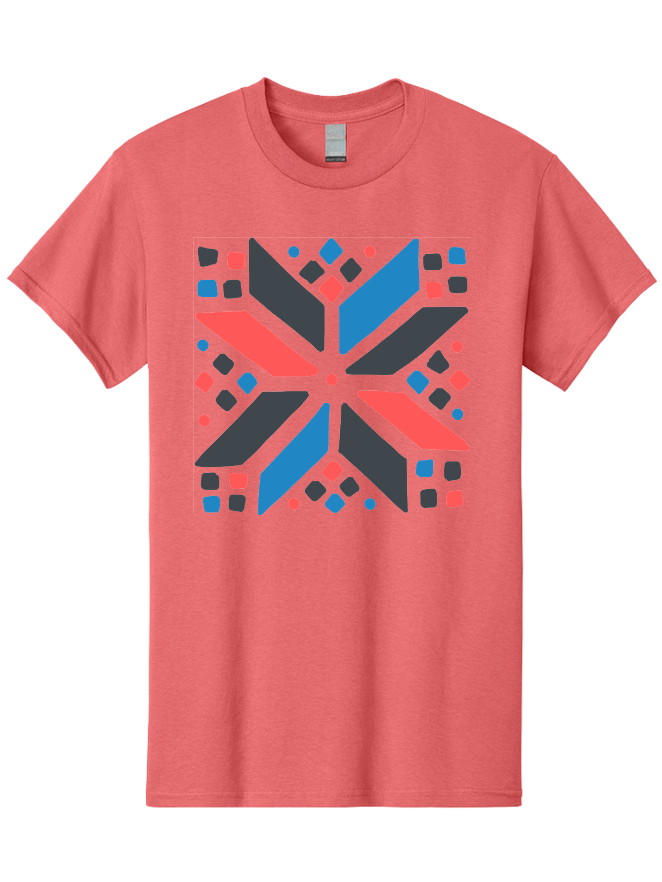 Abstract-Geometric-Pattern Men'S Graphic Tee, 100% Cotton, Comfortable Casual Summer Wear, Machine Washable, Geometric Shapes, Symmetrical Design, Abstract Art, Vibrant Colors, Red, Blue, Black, Bold Graphics, Modern Design, Dynamic Pattern, Aab655