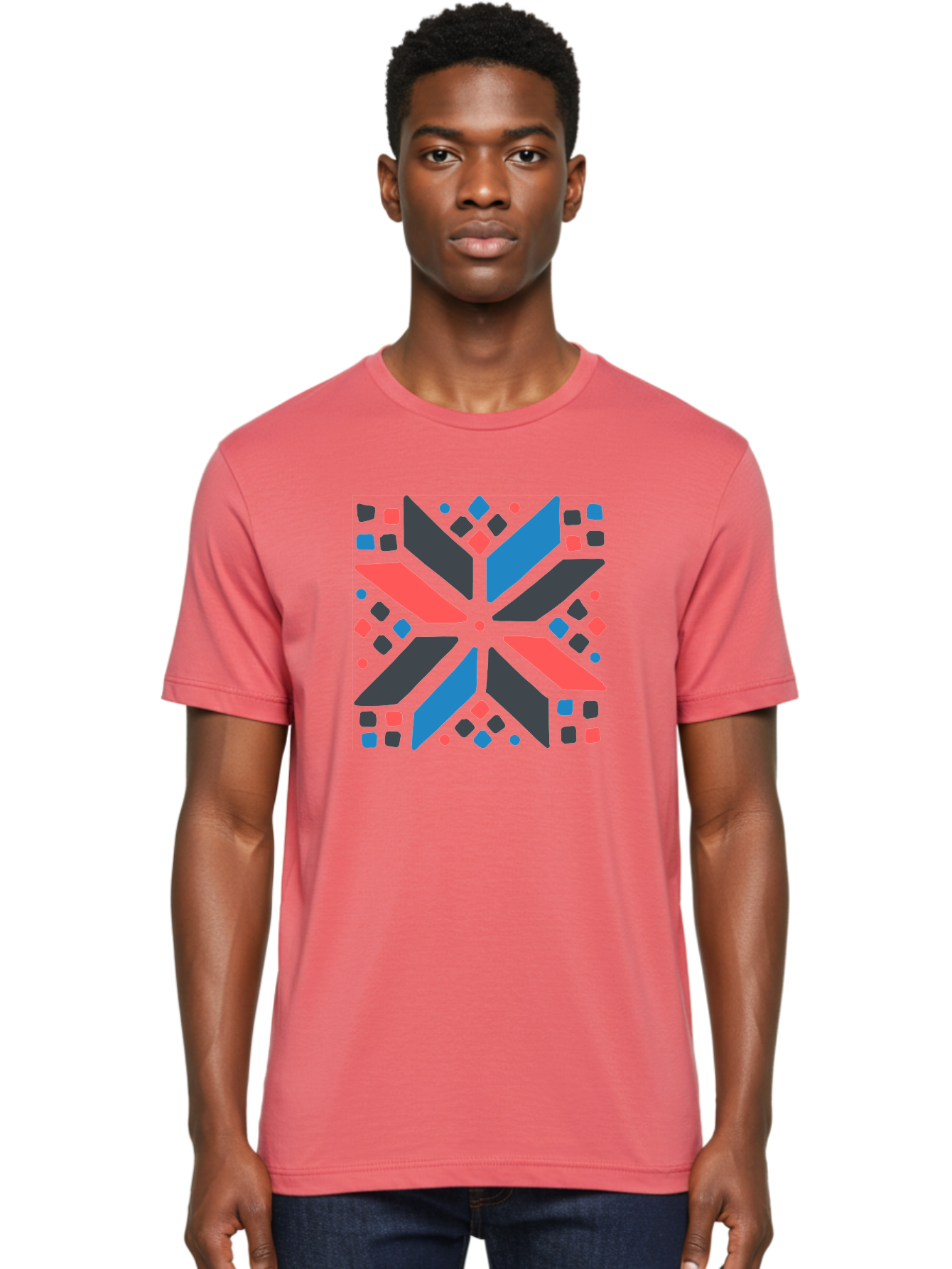 Abstract-Geometric-Pattern Men'S Graphic Tee, 100% Cotton, Comfortable Casual Summer Wear, Machine Washable, Geometric Shapes, Symmetrical Design, Abstract Art, Vibrant Colors, Red, Blue, Black, Bold Graphics, Modern Design, Dynamic Pattern, Aab655