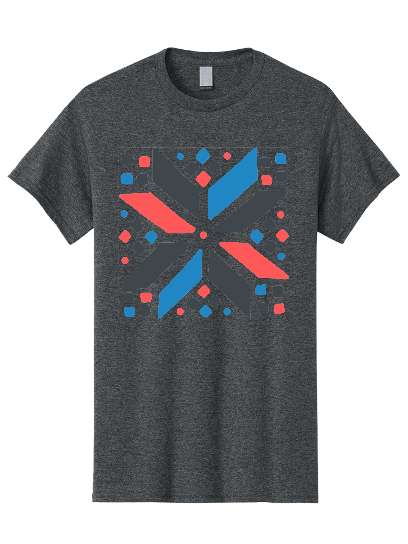Abstract-Geometric-Pattern Men'S Graphic Tee, 100% Cotton, Comfortable Casual Summer Wear, Machine Washable, Geometric Shapes, Symmetrical Design, Abstract Art, Vibrant Colors, Red, Blue, Black, Bold Graphics, Modern Design, Dynamic Pattern, Aab655