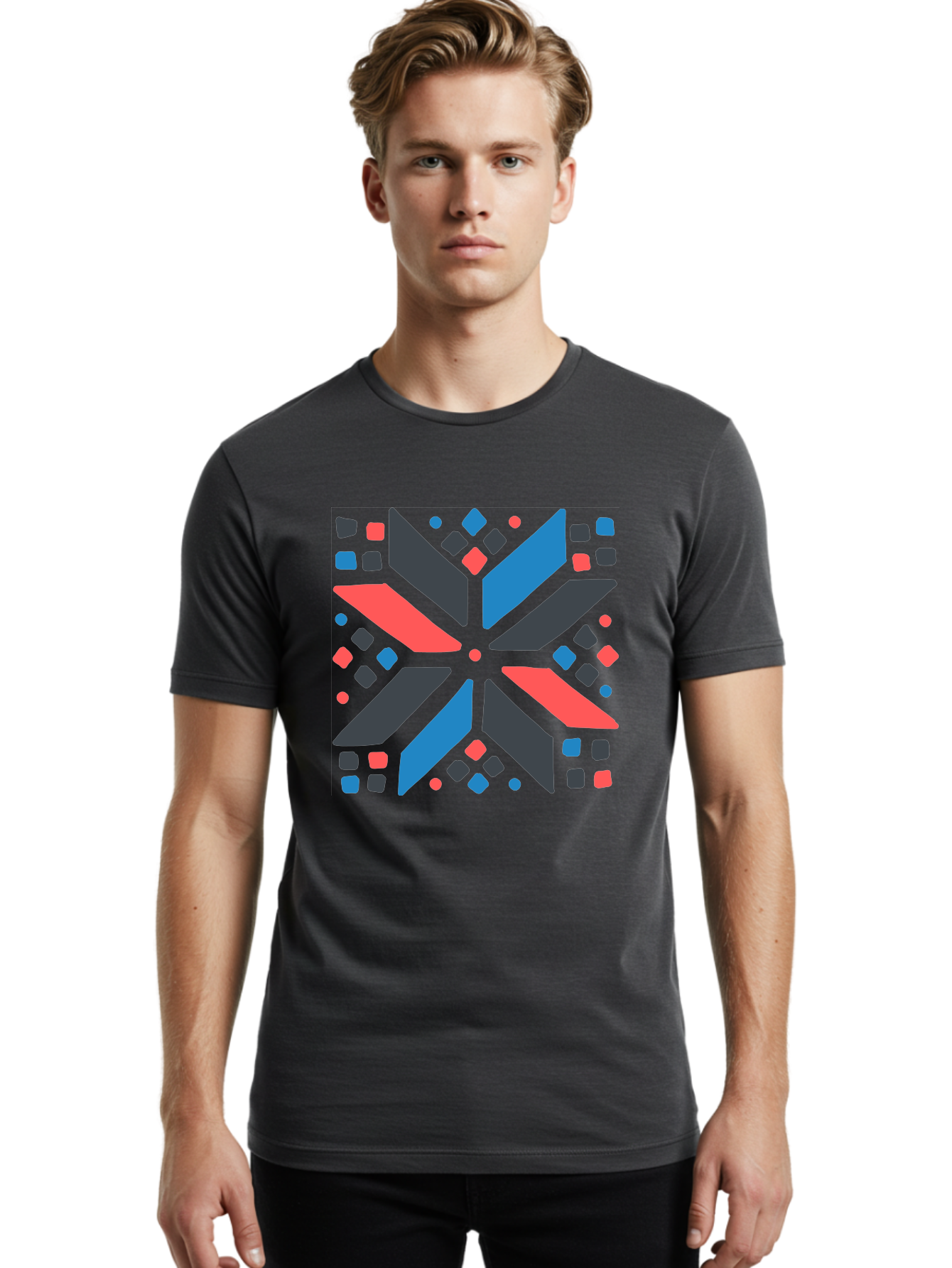 Abstract-Geometric-Pattern Men'S Graphic Tee, 100% Cotton, Comfortable Casual Summer Wear, Machine Washable, Geometric Shapes, Symmetrical Design, Abstract Art, Vibrant Colors, Red, Blue, Black, Bold Graphics, Modern Design, Dynamic Pattern, Aab655