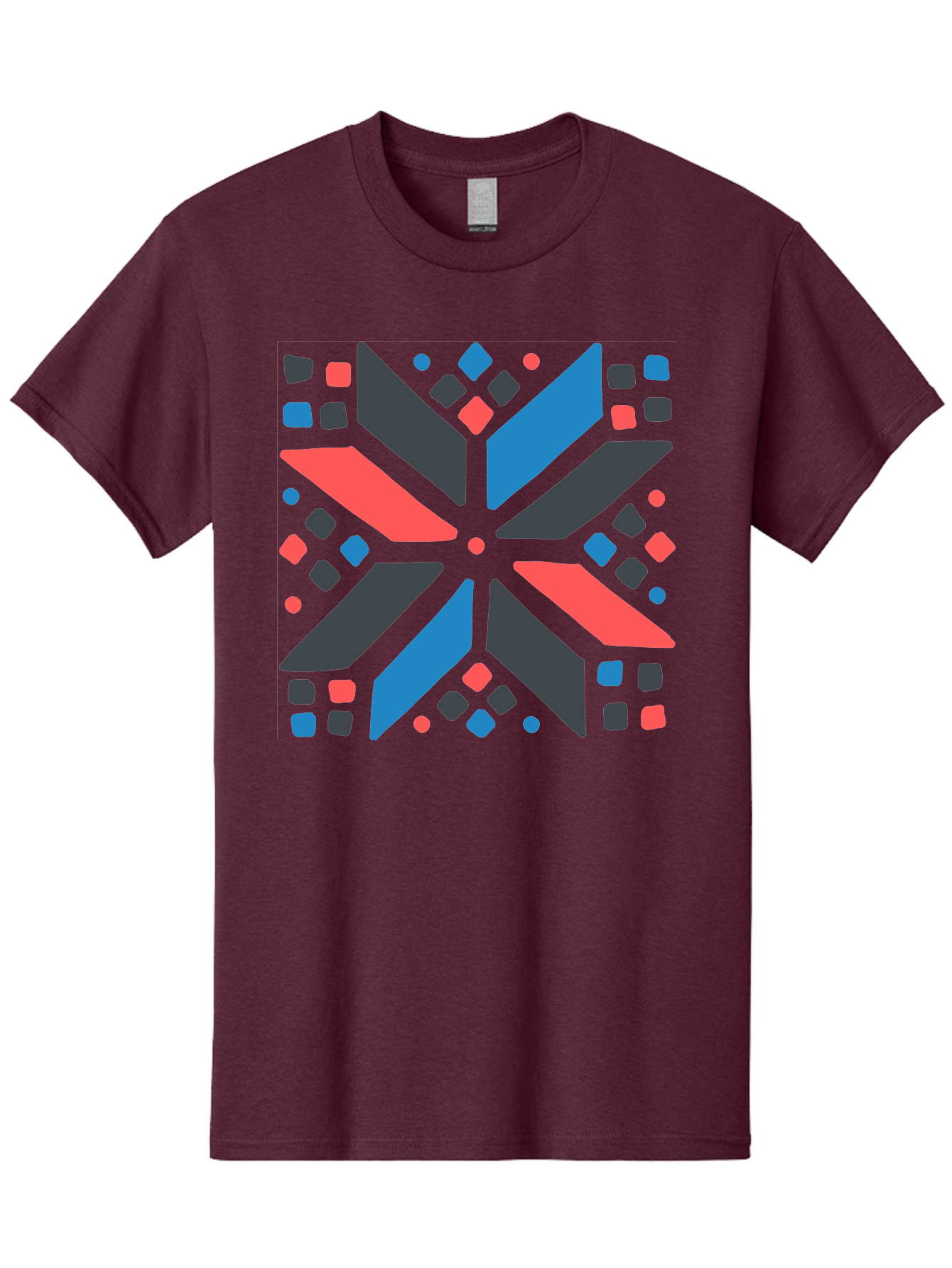 Abstract-Geometric-Pattern Men'S Graphic Tee, 100% Cotton, Comfortable Casual Summer Wear, Machine Washable, Geometric Shapes, Symmetrical Design, Abstract Art, Vibrant Colors, Red, Blue, Black, Bold Graphics, Modern Design, Dynamic Pattern, Aab655