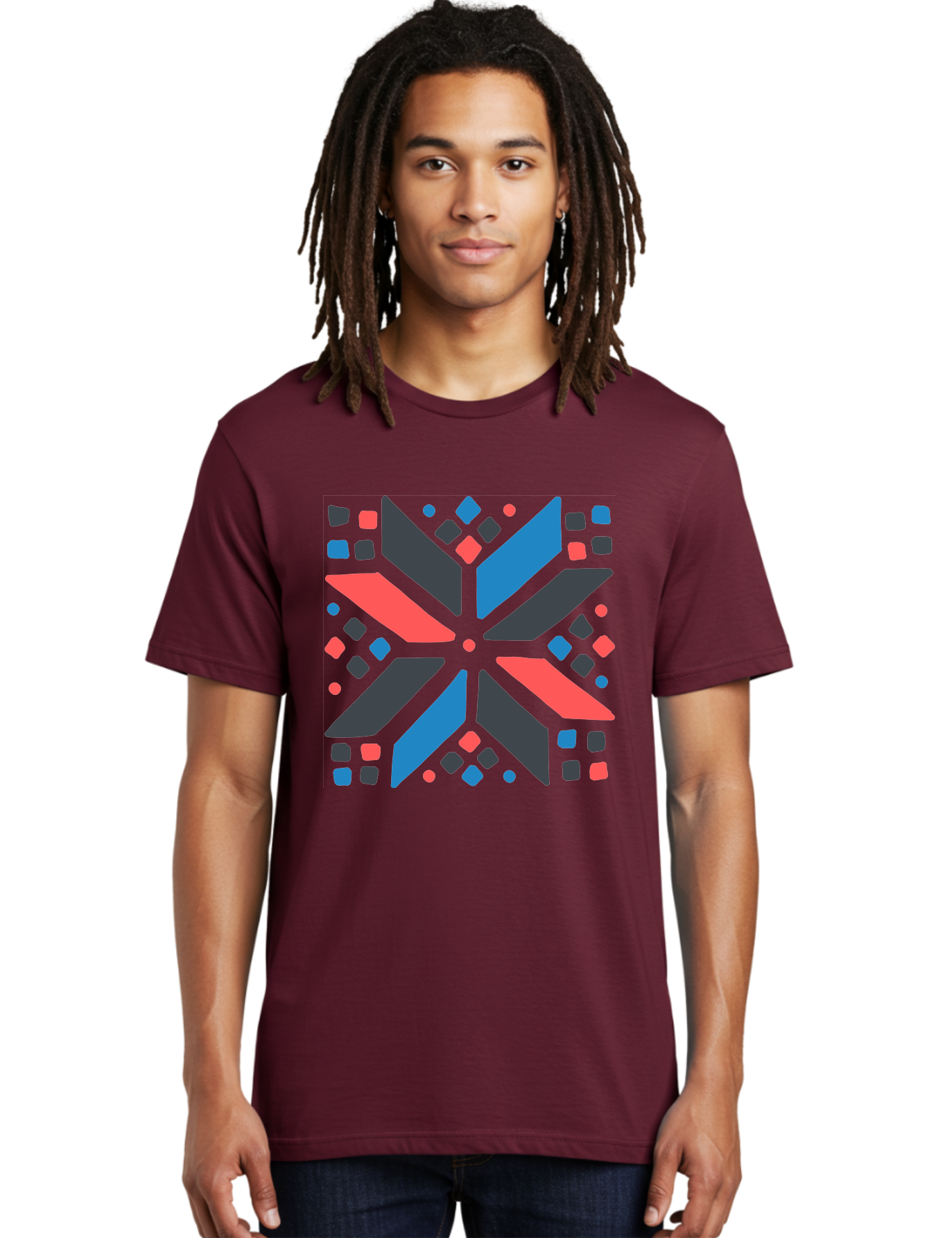 Abstract-Geometric-Pattern Men'S Graphic Tee, 100% Cotton, Comfortable Casual Summer Wear, Machine Washable, Geometric Shapes, Symmetrical Design, Abstract Art, Vibrant Colors, Red, Blue, Black, Bold Graphics, Modern Design, Dynamic Pattern, Aab655