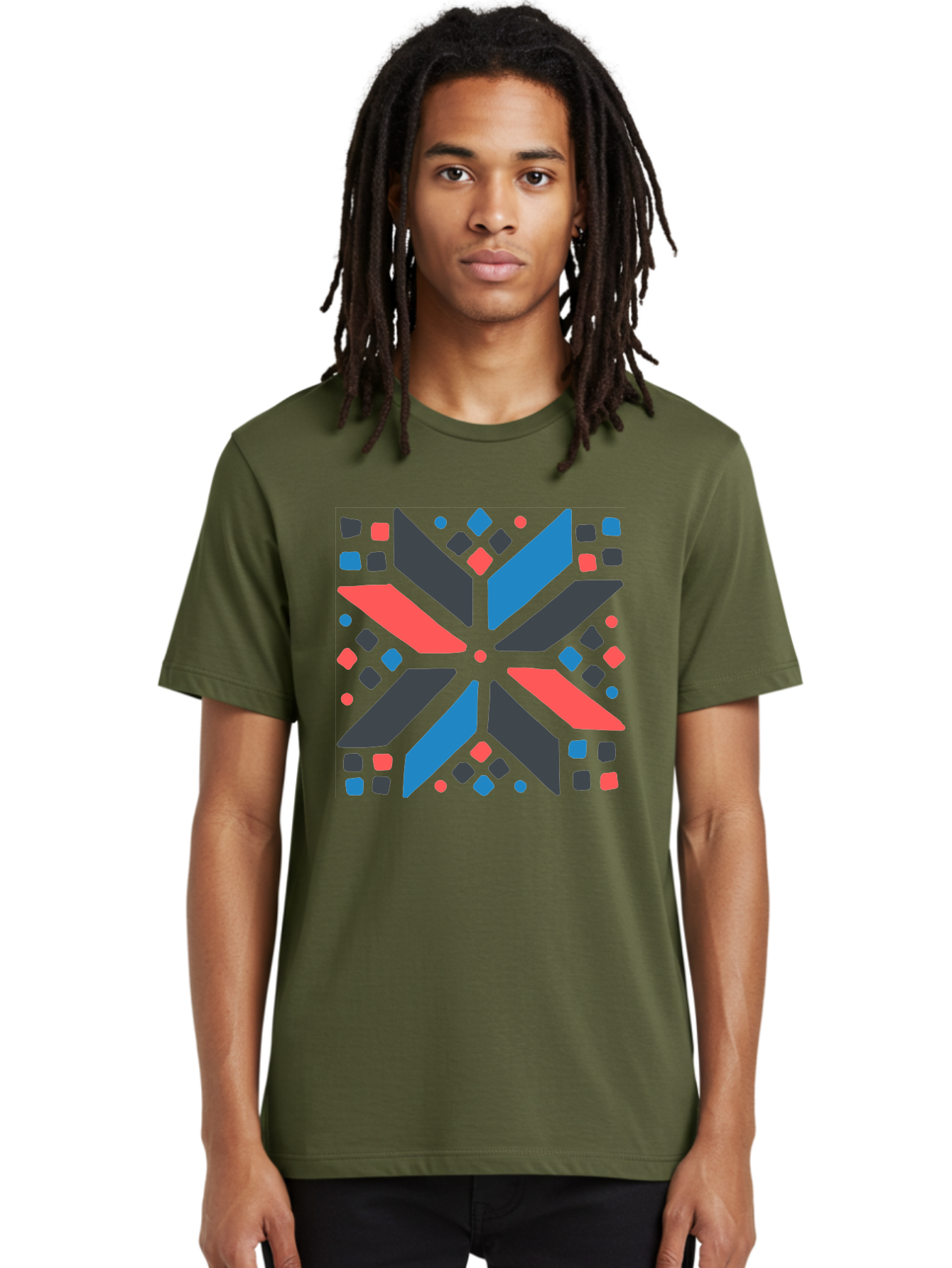 Abstract-Geometric-Pattern Men'S Graphic Tee, 100% Cotton, Comfortable Casual Summer Wear, Machine Washable, Geometric Shapes, Symmetrical Design, Abstract Art, Vibrant Colors, Red, Blue, Black, Bold Graphics, Modern Design, Dynamic Pattern, Aab655