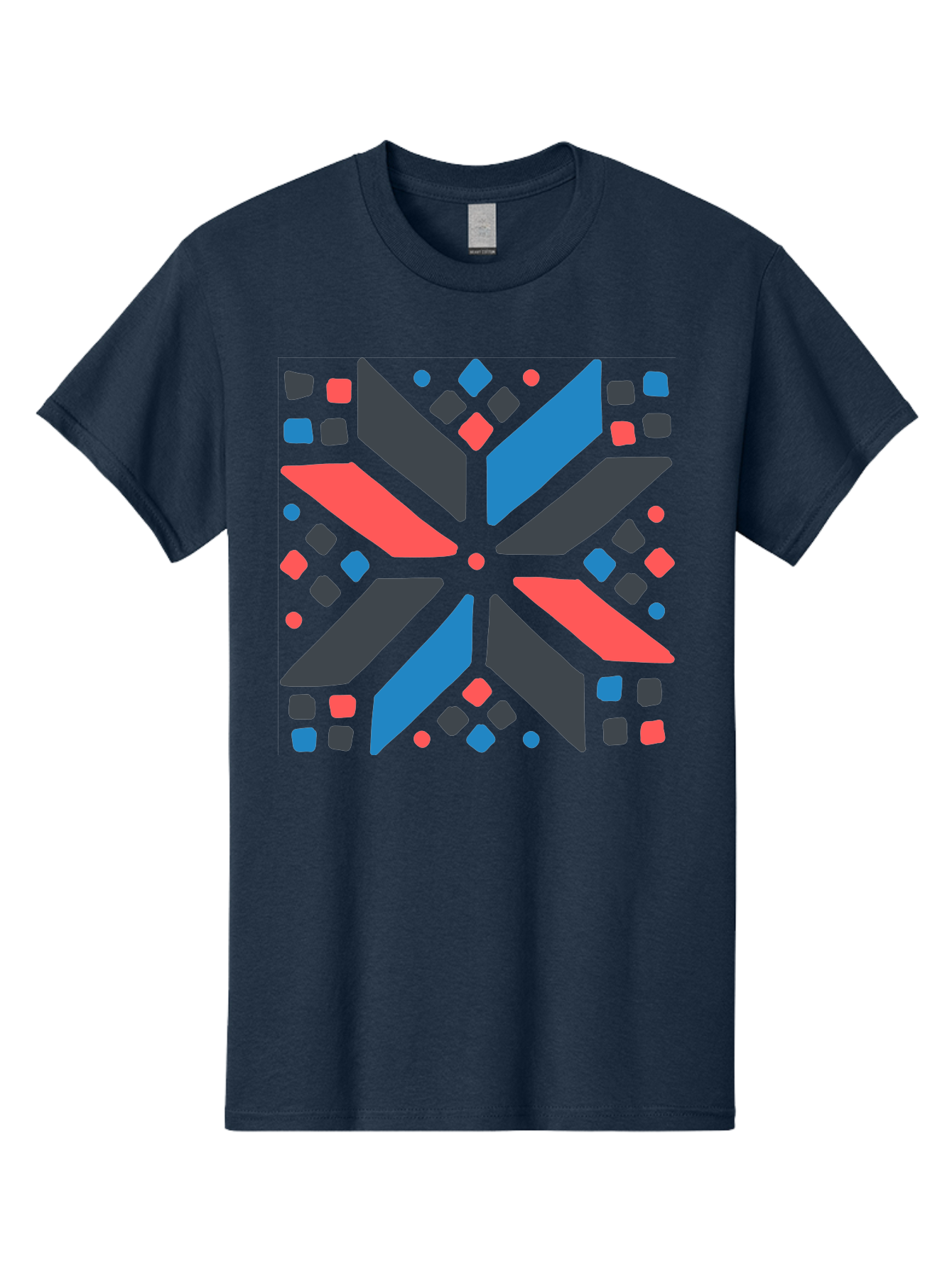 Abstract-Geometric-Pattern Men'S Graphic Tee, 100% Cotton, Comfortable Casual Summer Wear, Machine Washable, Geometric Shapes, Symmetrical Design, Abstract Art, Vibrant Colors, Red, Blue, Black, Bold Graphics, Modern Design, Dynamic Pattern, Aab655