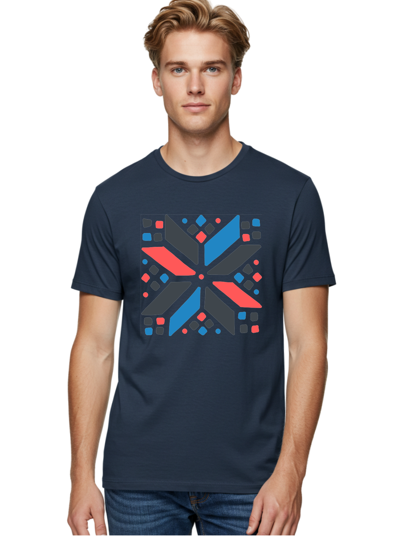Abstract-Geometric-Pattern Men'S Graphic Tee, 100% Cotton, Comfortable Casual Summer Wear, Machine Washable, Geometric Shapes, Symmetrical Design, Abstract Art, Vibrant Colors, Red, Blue, Black, Bold Graphics, Modern Design, Dynamic Pattern, Aab655