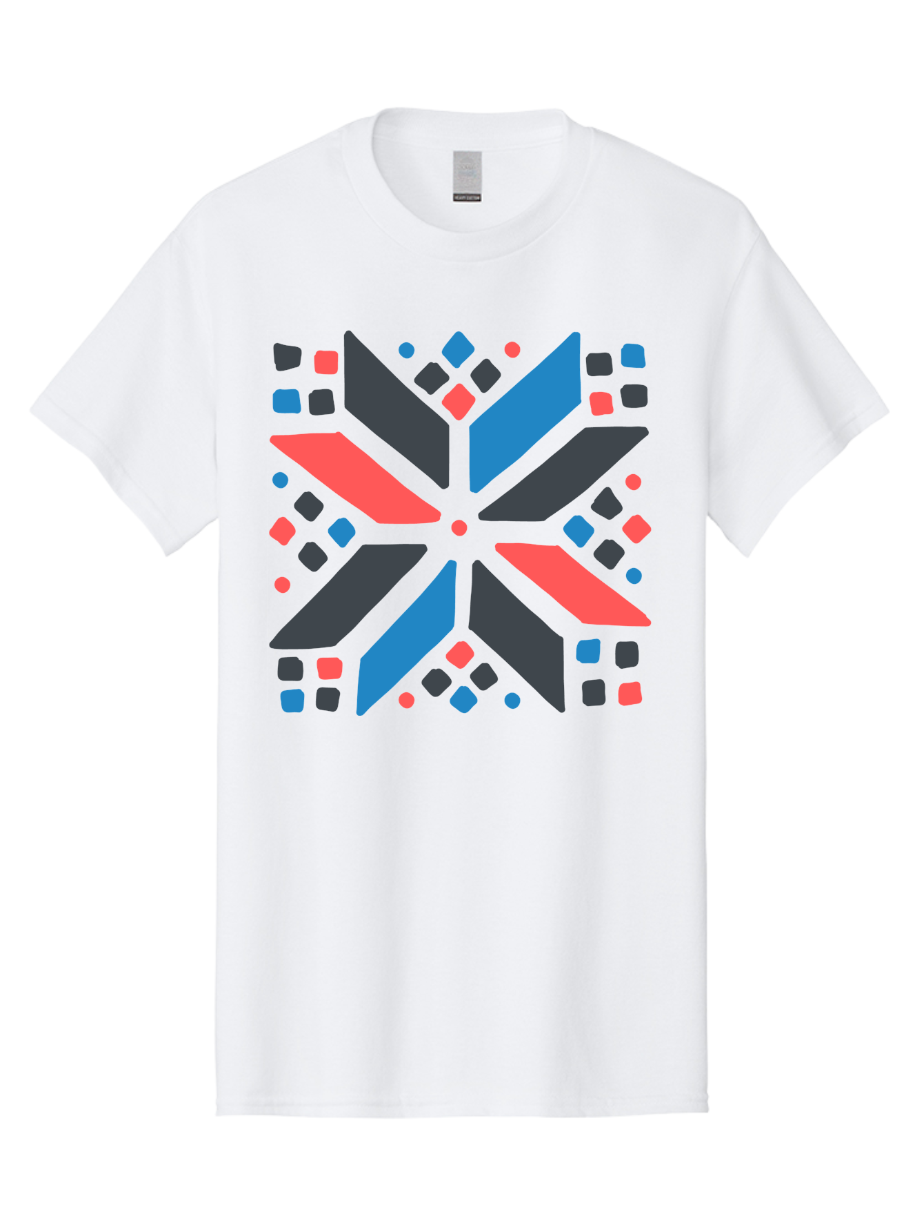 Abstract-Geometric-Pattern Men'S Graphic Tee, 100% Cotton, Comfortable Casual Summer Wear, Machine Washable, Geometric Shapes, Symmetrical Design, Abstract Art, Vibrant Colors, Red, Blue, Black, Bold Graphics, Modern Design, Dynamic Pattern, Aab655