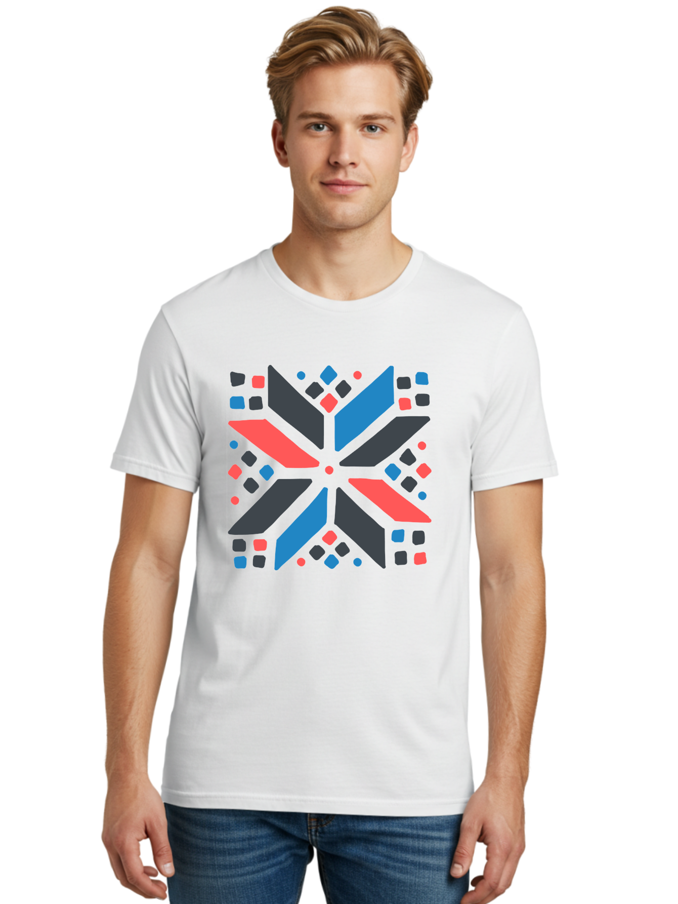 Abstract-Geometric-Pattern Men'S Graphic Tee, 100% Cotton, Comfortable Casual Summer Wear, Machine Washable, Geometric Shapes, Symmetrical Design, Abstract Art, Vibrant Colors, Red, Blue, Black, Bold Graphics, Modern Design, Dynamic Pattern, Aab655