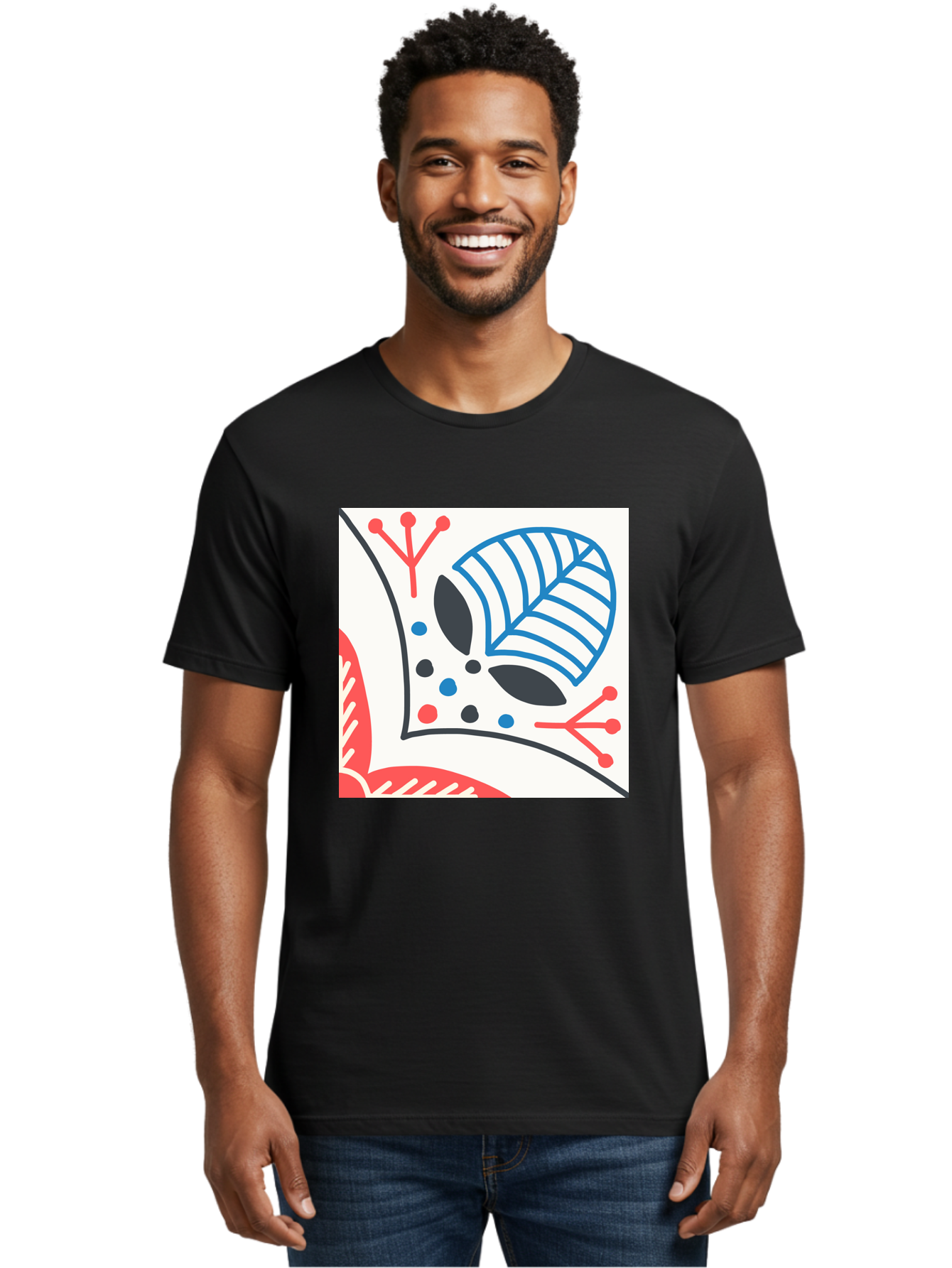 Abstract-Leaf-Design Men'S Graphic Tee, 100% Cotton, Comfortable Casual Summer Wear, Machine Washable, Stylized Leaf, Abstract Design, Modern Art, Floral Pattern, Red And Blue Accents, Black Outlines, White Background, Minimalist Decor, Aab656