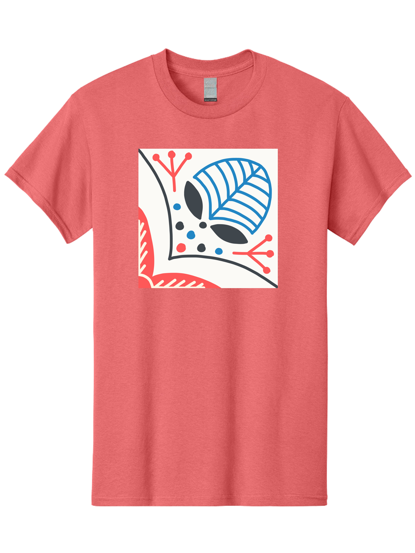 Abstract-Leaf-Design Men'S Graphic Tee, 100% Cotton, Comfortable Casual Summer Wear, Machine Washable, Stylized Leaf, Abstract Design, Modern Art, Floral Pattern, Red And Blue Accents, Black Outlines, White Background, Minimalist Decor, Aab656