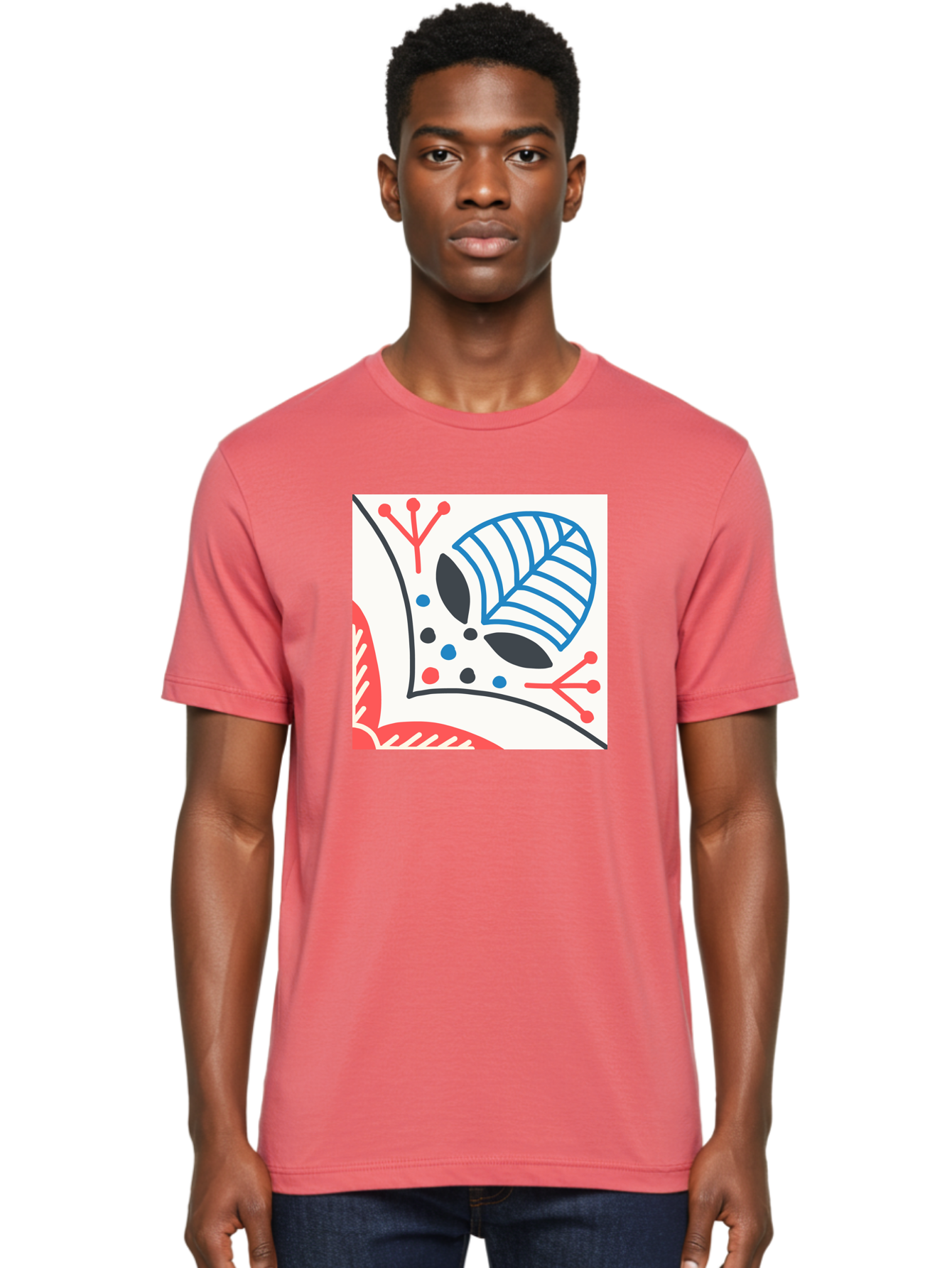 Abstract-Leaf-Design Men'S Graphic Tee, 100% Cotton, Comfortable Casual Summer Wear, Machine Washable, Stylized Leaf, Abstract Design, Modern Art, Floral Pattern, Red And Blue Accents, Black Outlines, White Background, Minimalist Decor, Aab656