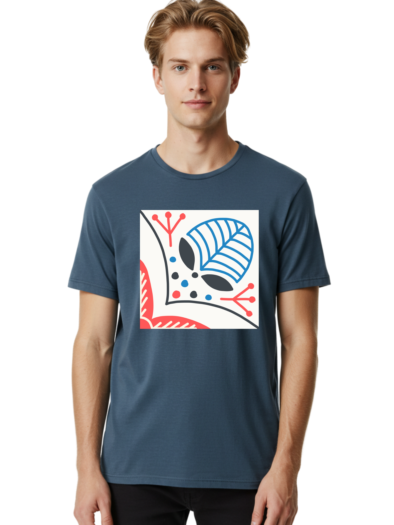 Abstract-Leaf-Design Men'S Graphic Tee, 100% Cotton, Comfortable Casual Summer Wear, Machine Washable, Stylized Leaf, Abstract Design, Modern Art, Floral Pattern, Red And Blue Accents, Black Outlines, White Background, Minimalist Decor, Aab656