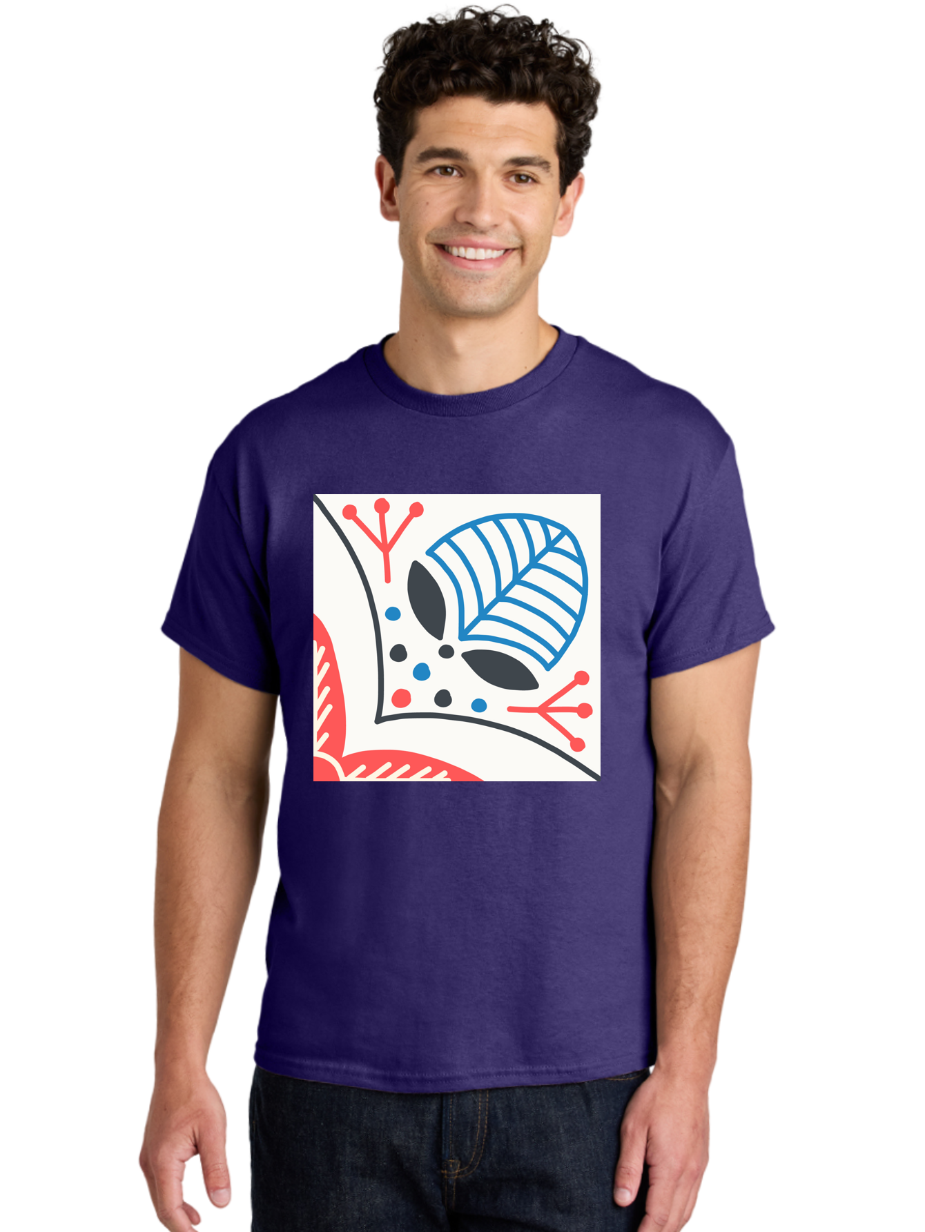 Abstract-Leaf-Design Men'S Graphic Tee, 100% Cotton, Comfortable Casual Summer Wear, Machine Washable, Stylized Leaf, Abstract Design, Modern Art, Floral Pattern, Red And Blue Accents, Black Outlines, White Background, Minimalist Decor, Aab656