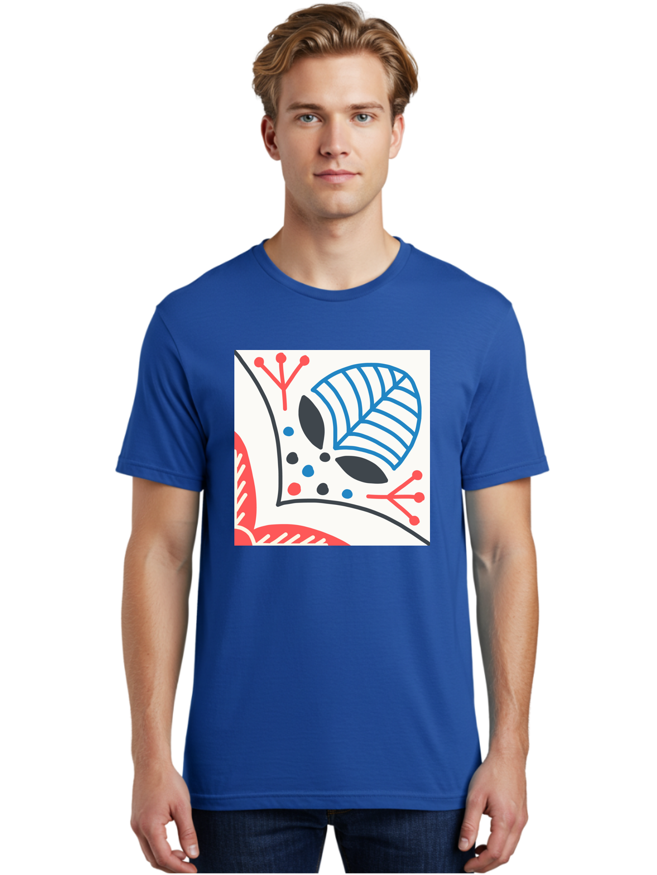 Abstract-Leaf-Design Men'S Graphic Tee, 100% Cotton, Comfortable Casual Summer Wear, Machine Washable, Stylized Leaf, Abstract Design, Modern Art, Floral Pattern, Red And Blue Accents, Black Outlines, White Background, Minimalist Decor, Aab656