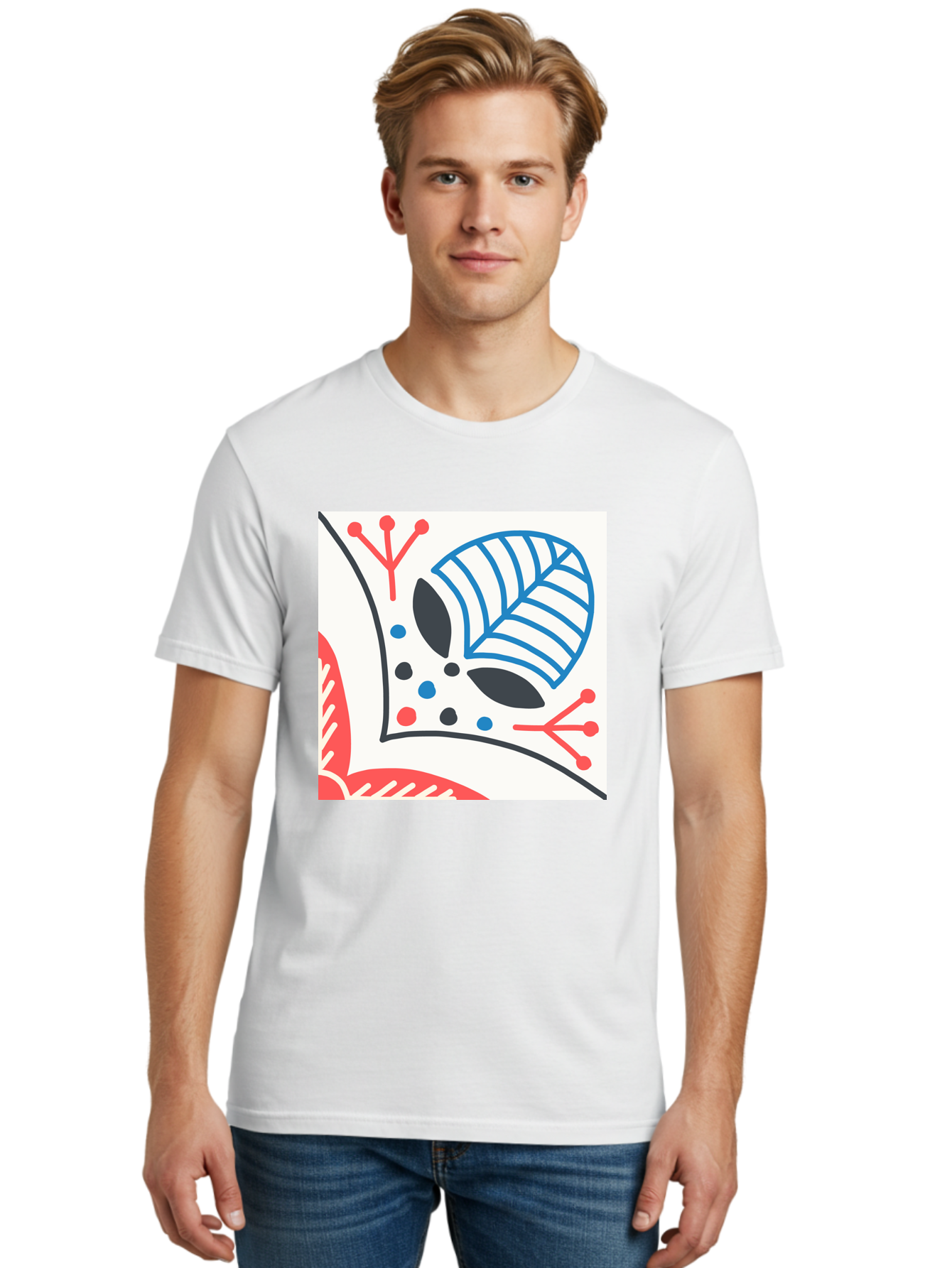 Abstract-Leaf-Design Men'S Graphic Tee, 100% Cotton, Comfortable Casual Summer Wear, Machine Washable, Stylized Leaf, Abstract Design, Modern Art, Floral Pattern, Red And Blue Accents, Black Outlines, White Background, Minimalist Decor, Aab656