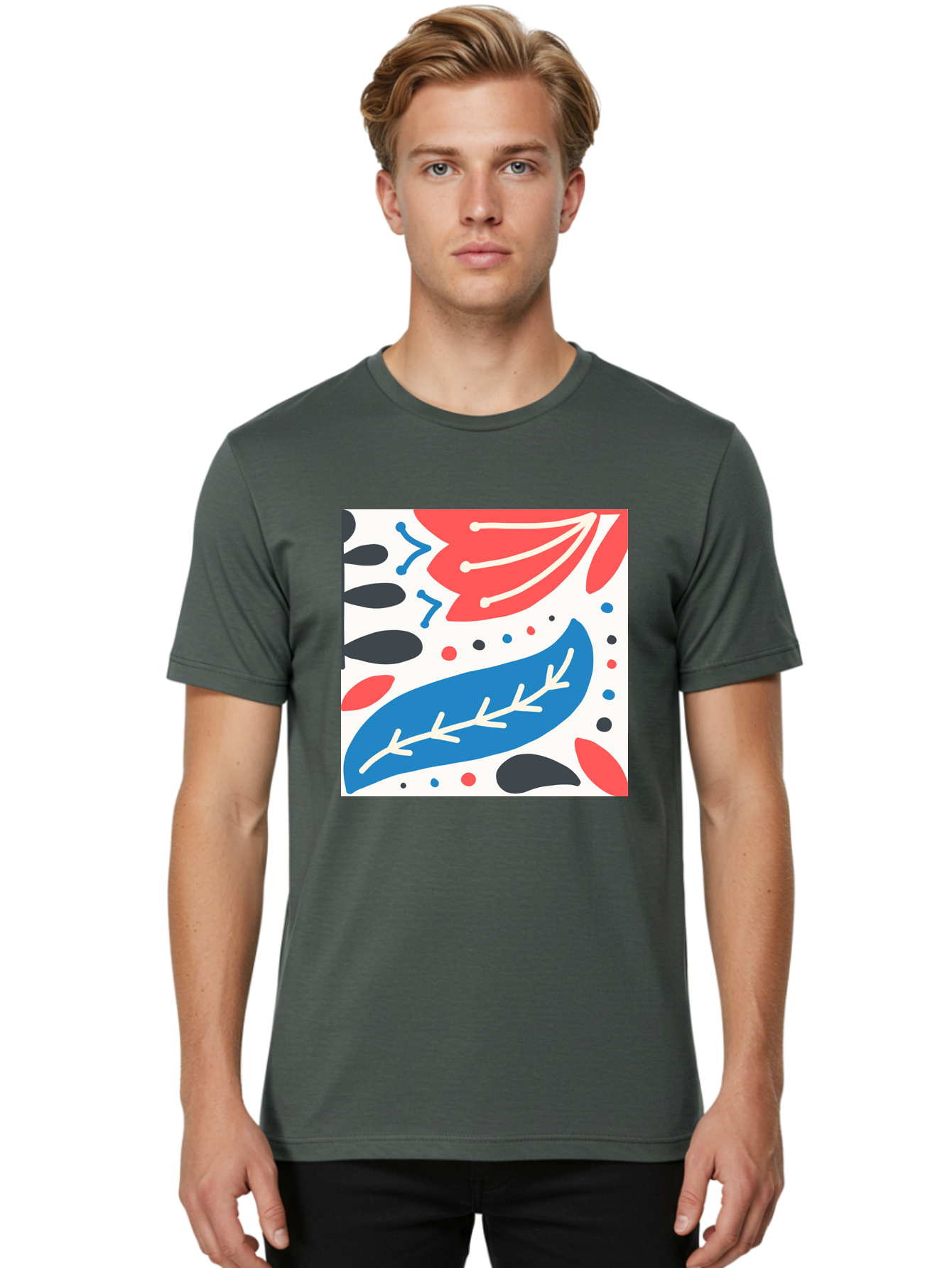 Abstract-Leaves-1 Men'S Graphic Tee, 100% Cotton, Comfortable Casual Summer Wear, Machine Washable, Abstract Leaf Pattern, Modern Design, Colorful Shapes, Red And Blue Leaves, Black Ovals, Scattered Dots, Artistic Expression, Creative Design, Aab657