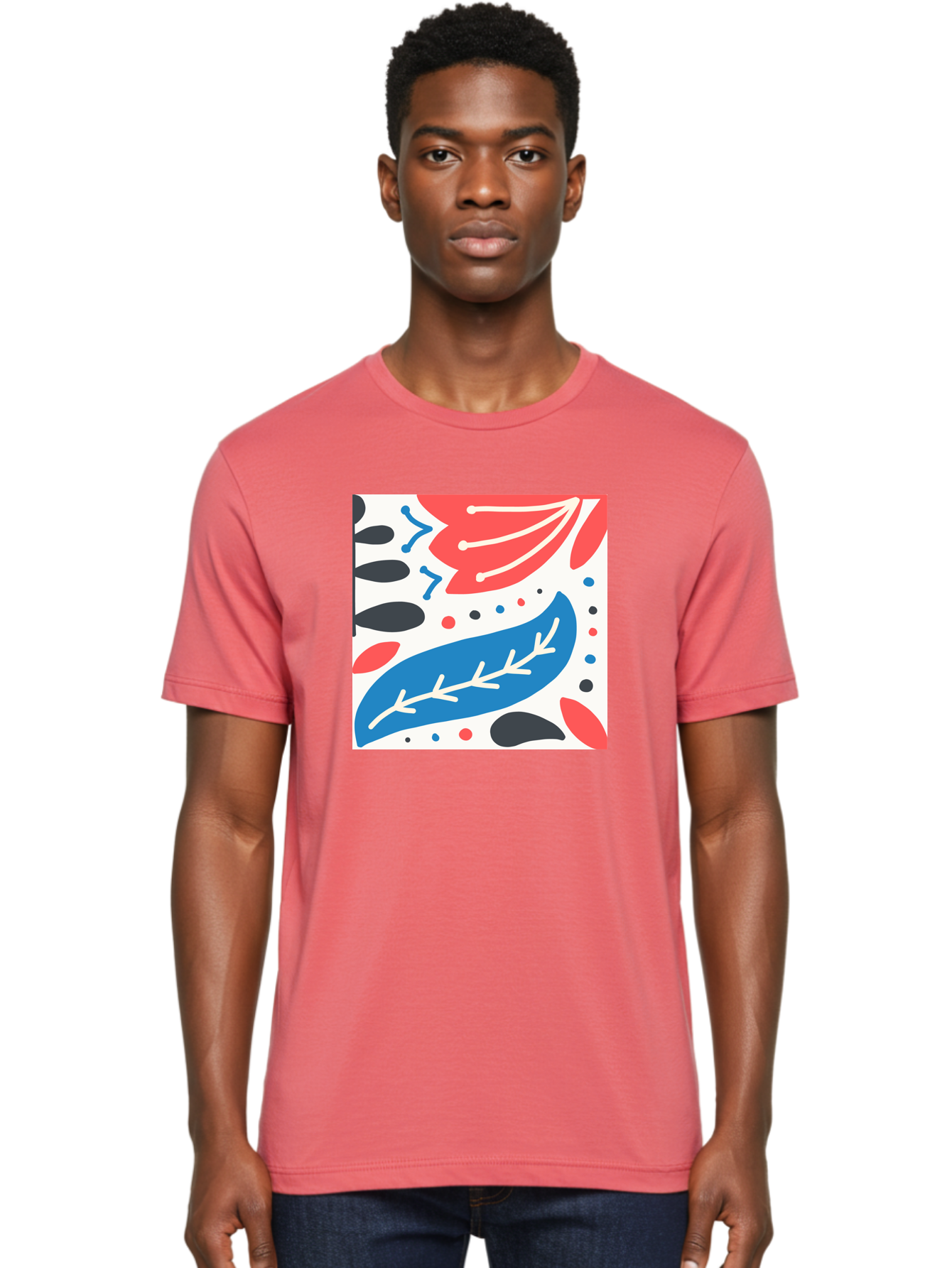 Abstract-Leaves-1 Men'S Graphic Tee, 100% Cotton, Comfortable Casual Summer Wear, Machine Washable, Abstract Leaf Pattern, Modern Design, Colorful Shapes, Red And Blue Leaves, Black Ovals, Scattered Dots, Artistic Expression, Creative Design, Aab657