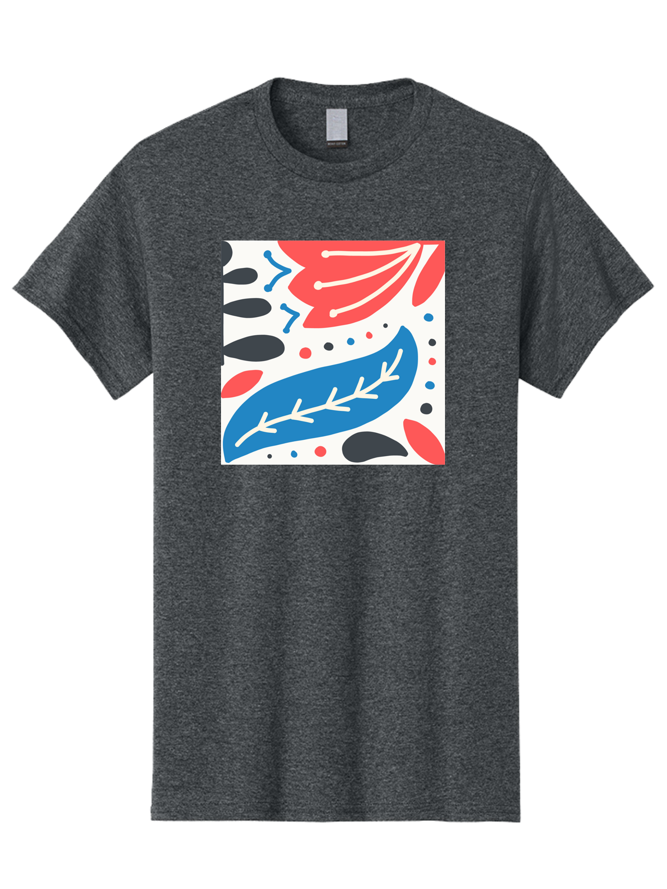 Abstract-Leaves-1 Men'S Graphic Tee, 100% Cotton, Comfortable Casual Summer Wear, Machine Washable, Abstract Leaf Pattern, Modern Design, Colorful Shapes, Red And Blue Leaves, Black Ovals, Scattered Dots, Artistic Expression, Creative Design, Aab657