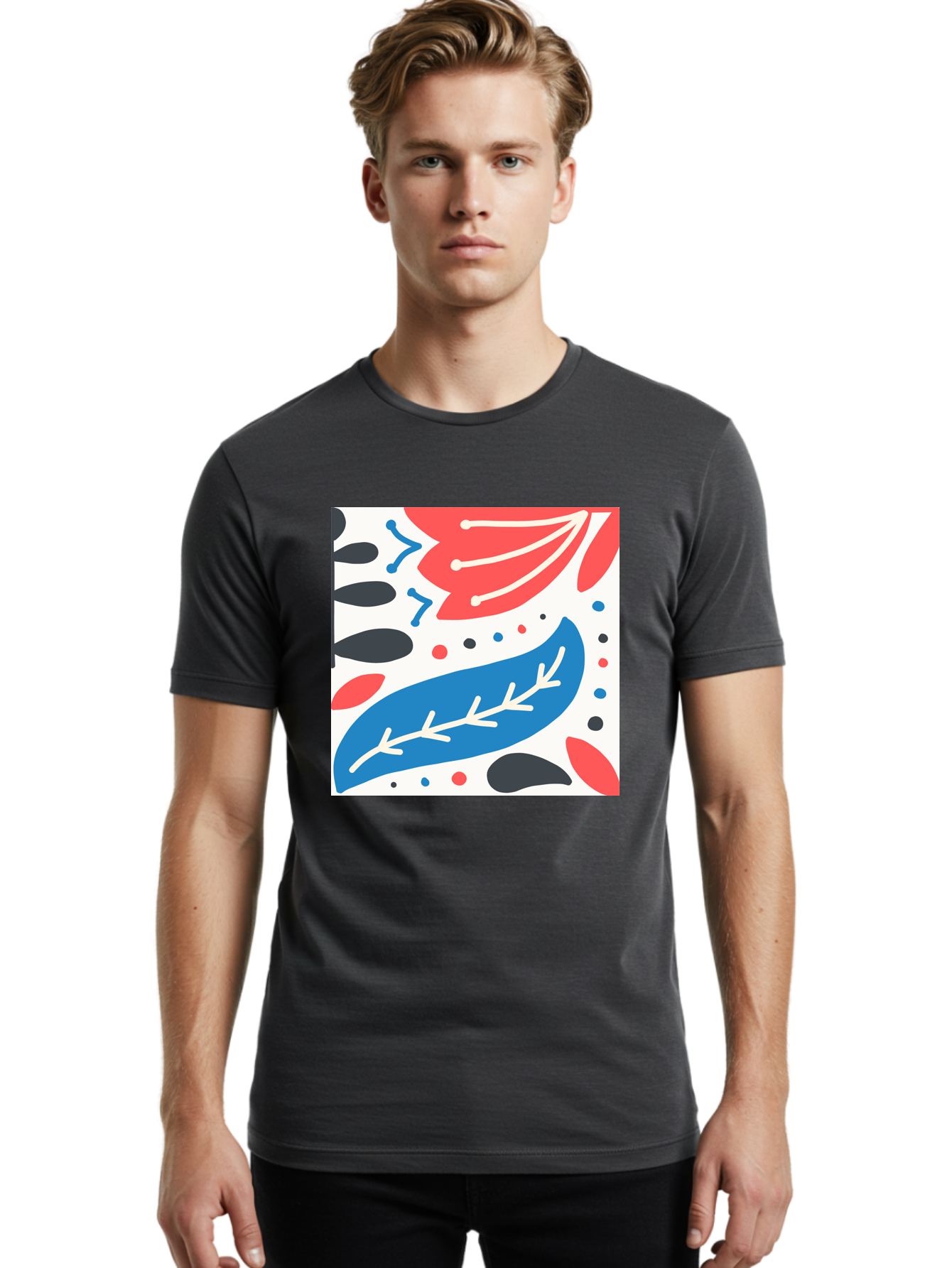 Abstract-Leaves-1 Men'S Graphic Tee, 100% Cotton, Comfortable Casual Summer Wear, Machine Washable, Abstract Leaf Pattern, Modern Design, Colorful Shapes, Red And Blue Leaves, Black Ovals, Scattered Dots, Artistic Expression, Creative Design, Aab657
