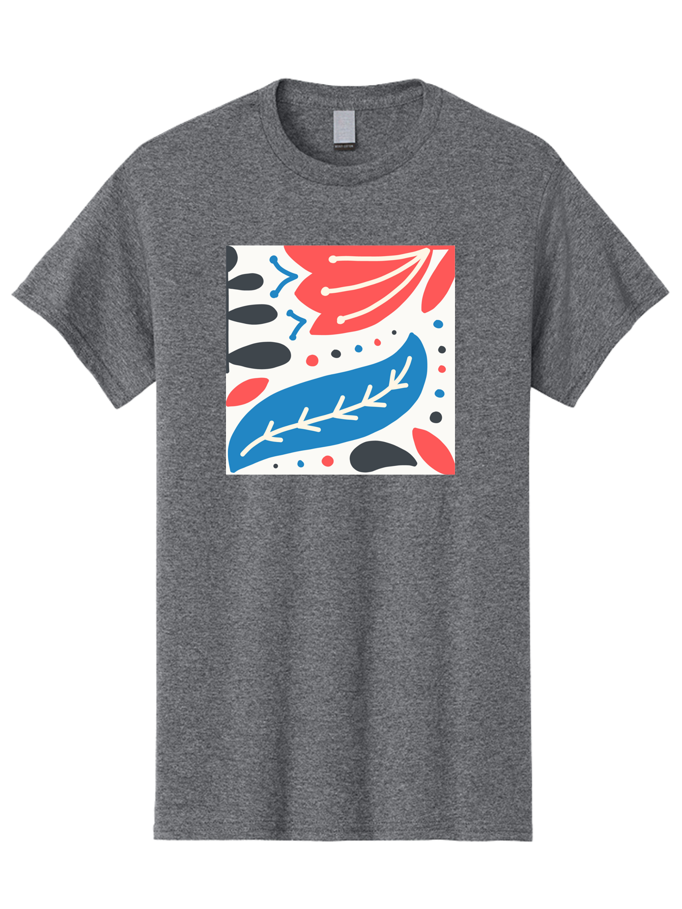 Abstract-Leaves-1 Men'S Graphic Tee, 100% Cotton, Comfortable Casual Summer Wear, Machine Washable, Abstract Leaf Pattern, Modern Design, Colorful Shapes, Red And Blue Leaves, Black Ovals, Scattered Dots, Artistic Expression, Creative Design, Aab657