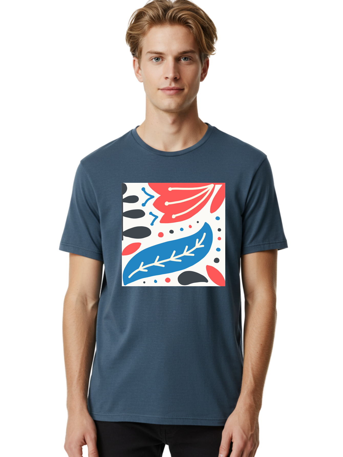 Abstract-Leaves-1 Men'S Graphic Tee, 100% Cotton, Comfortable Casual Summer Wear, Machine Washable, Abstract Leaf Pattern, Modern Design, Colorful Shapes, Red And Blue Leaves, Black Ovals, Scattered Dots, Artistic Expression, Creative Design, Aab657