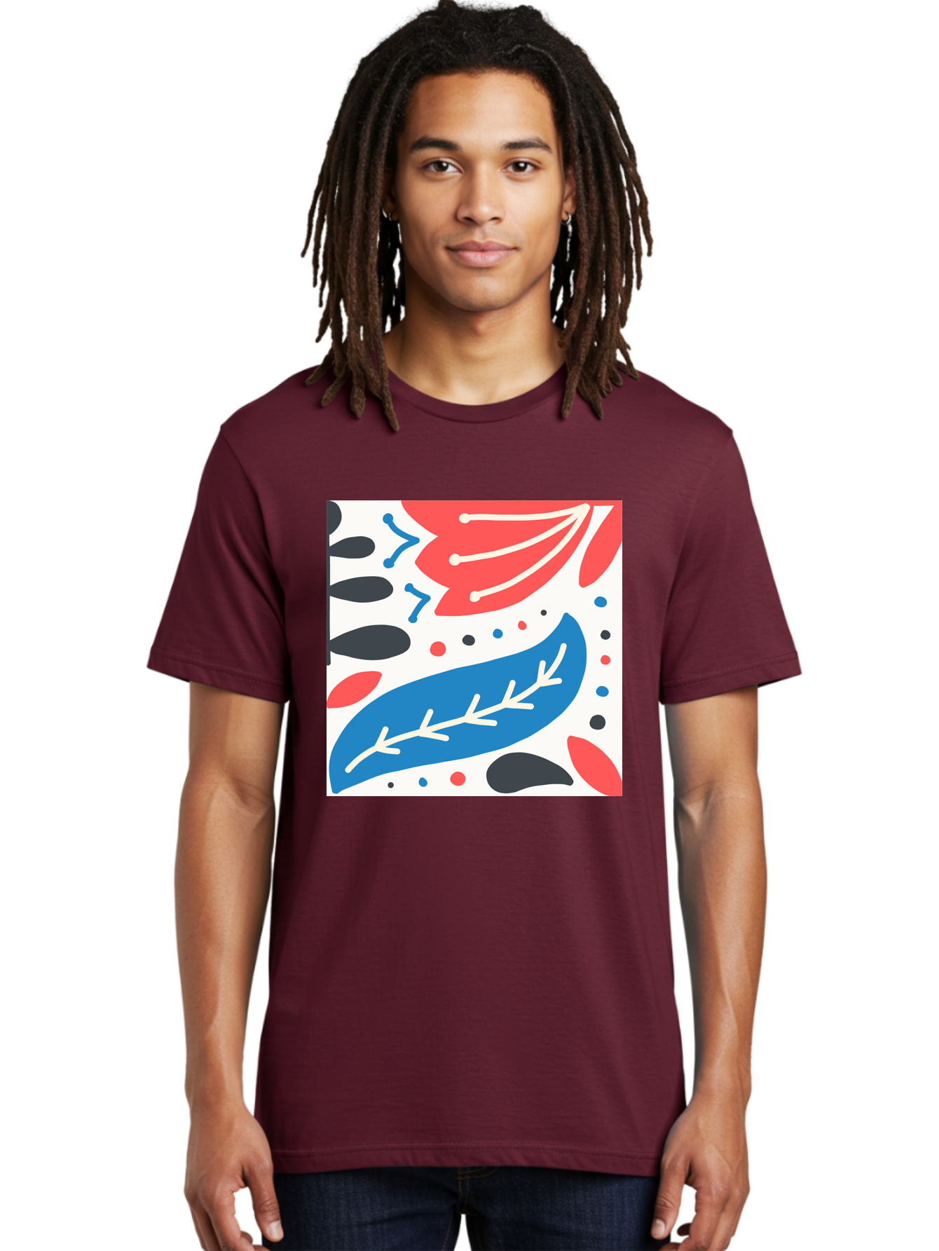 Abstract-Leaves-1 Men'S Graphic Tee, 100% Cotton, Comfortable Casual Summer Wear, Machine Washable, Abstract Leaf Pattern, Modern Design, Colorful Shapes, Red And Blue Leaves, Black Ovals, Scattered Dots, Artistic Expression, Creative Design, Aab657
