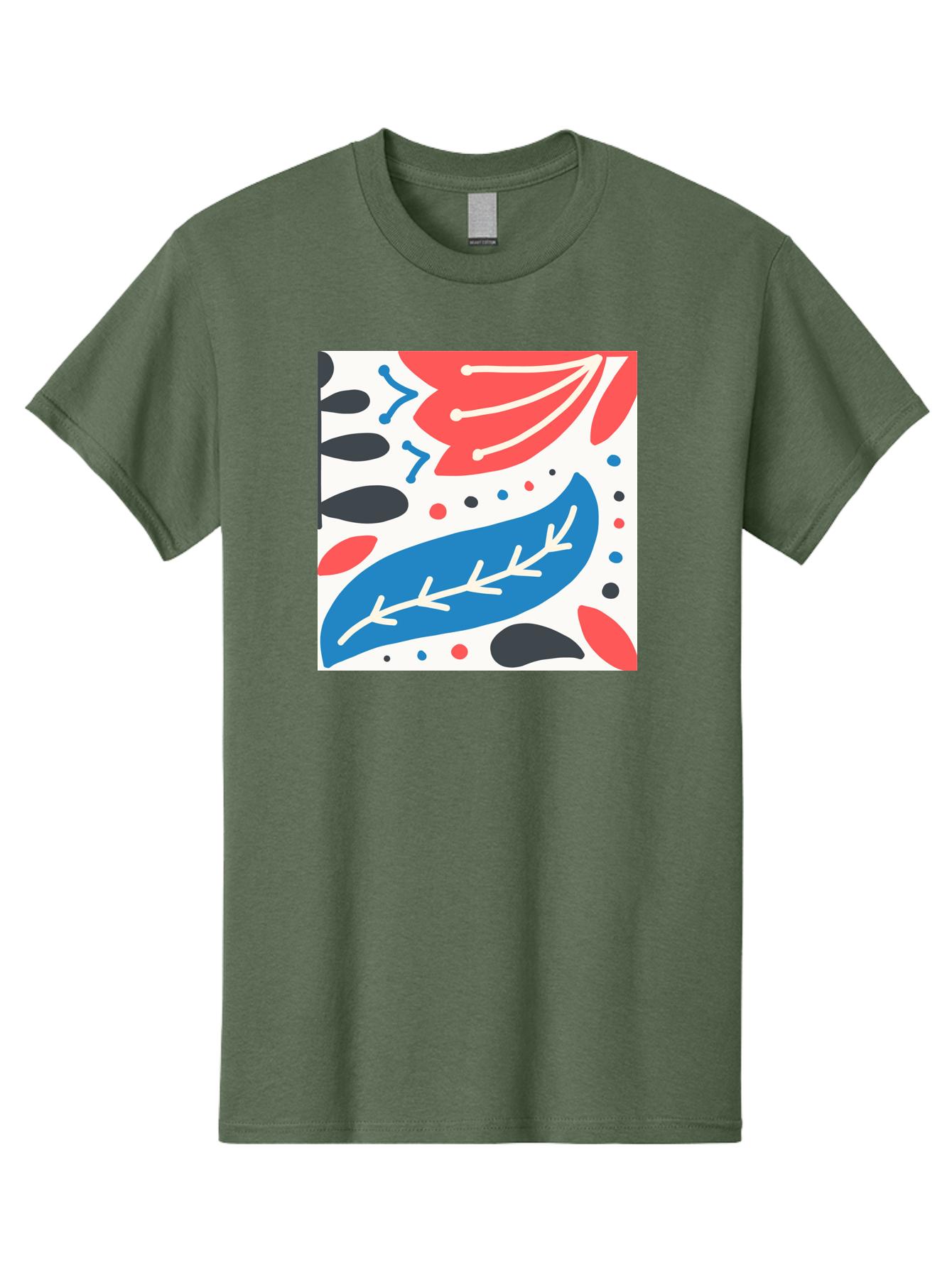 Abstract-Leaves-1 Men'S Graphic Tee, 100% Cotton, Comfortable Casual Summer Wear, Machine Washable, Abstract Leaf Pattern, Modern Design, Colorful Shapes, Red And Blue Leaves, Black Ovals, Scattered Dots, Artistic Expression, Creative Design, Aab657