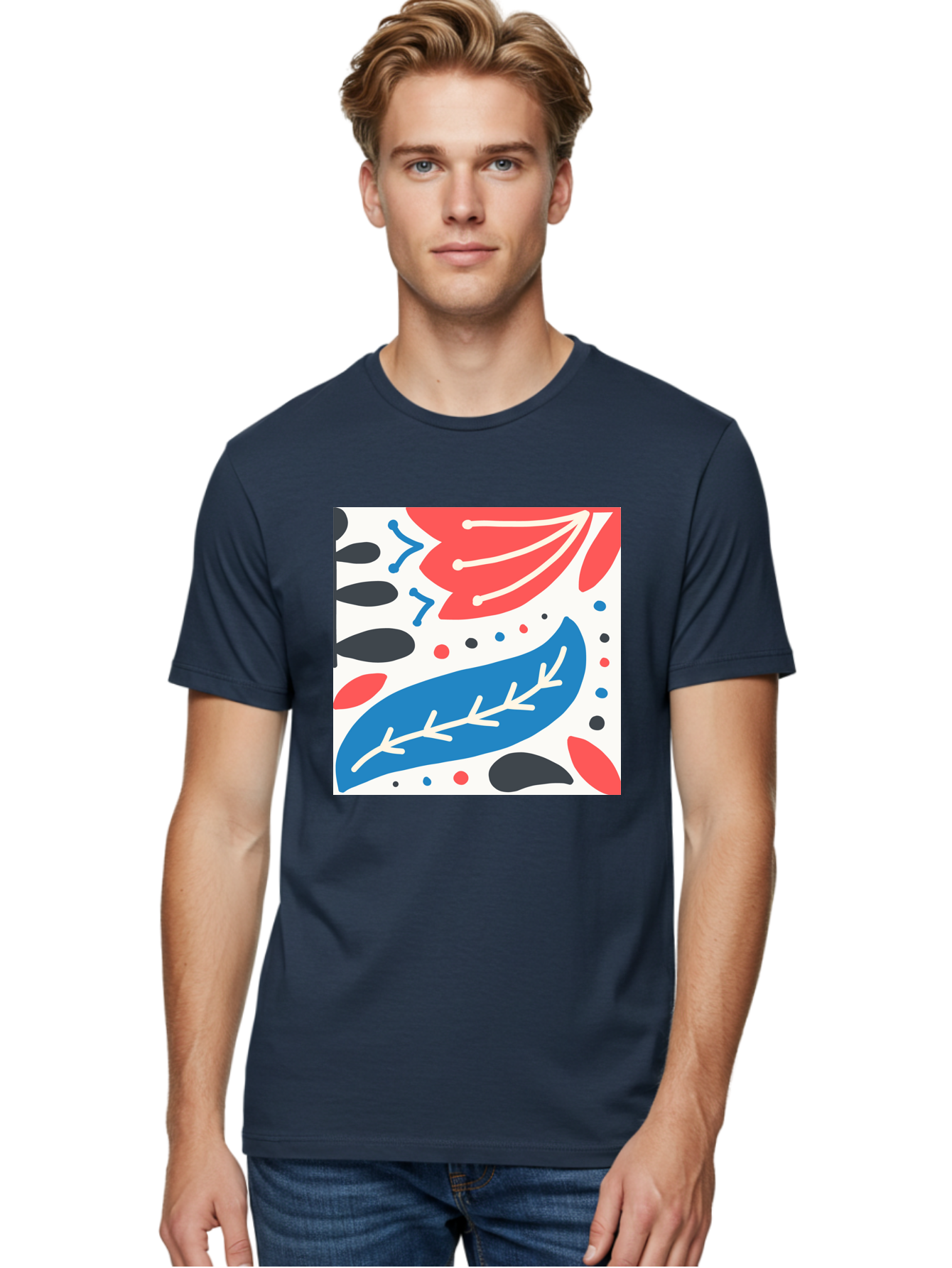 Abstract-Leaves-1 Men'S Graphic Tee, 100% Cotton, Comfortable Casual Summer Wear, Machine Washable, Abstract Leaf Pattern, Modern Design, Colorful Shapes, Red And Blue Leaves, Black Ovals, Scattered Dots, Artistic Expression, Creative Design, Aab657