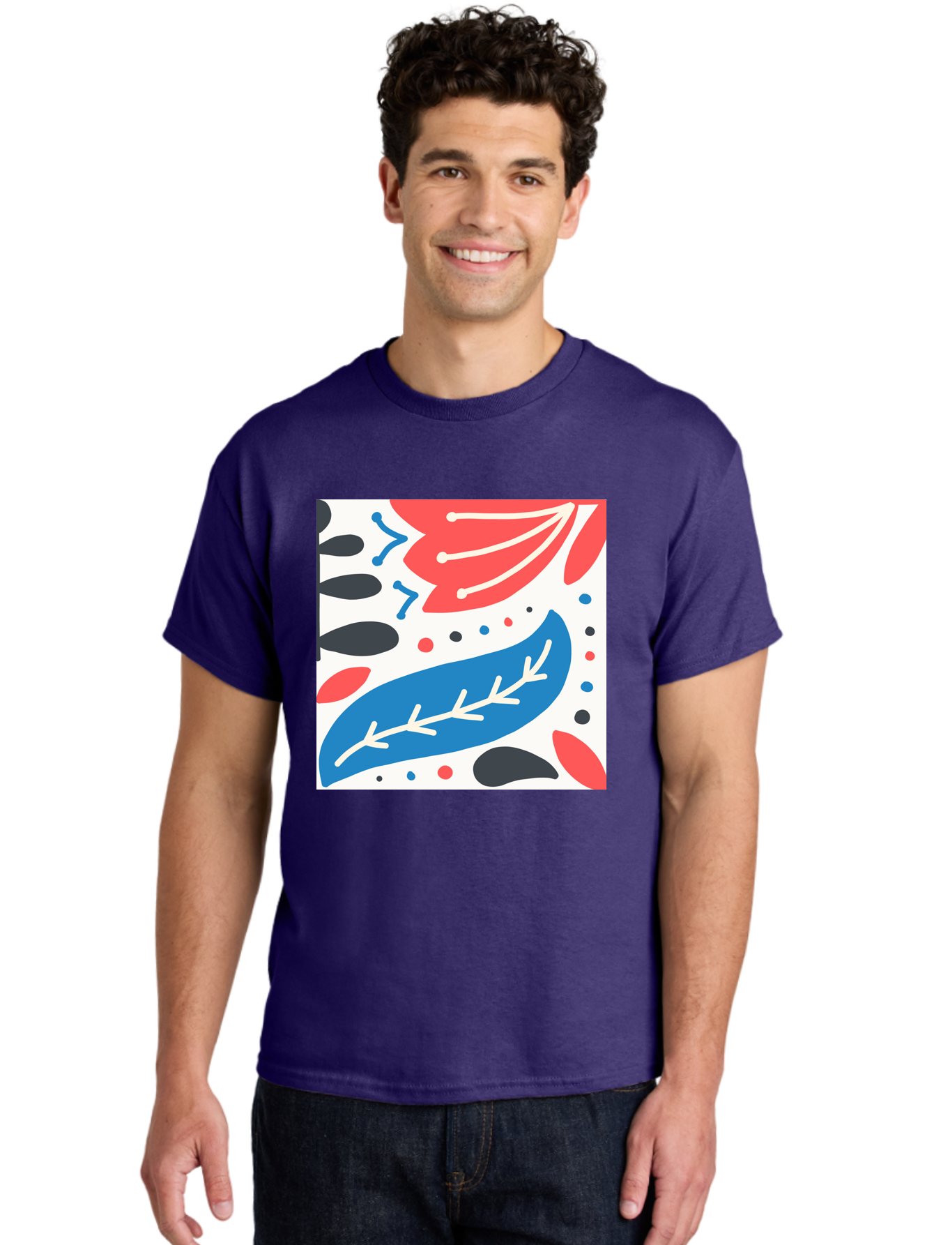 Abstract-Leaves-1 Men'S Graphic Tee, 100% Cotton, Comfortable Casual Summer Wear, Machine Washable, Abstract Leaf Pattern, Modern Design, Colorful Shapes, Red And Blue Leaves, Black Ovals, Scattered Dots, Artistic Expression, Creative Design, Aab657
