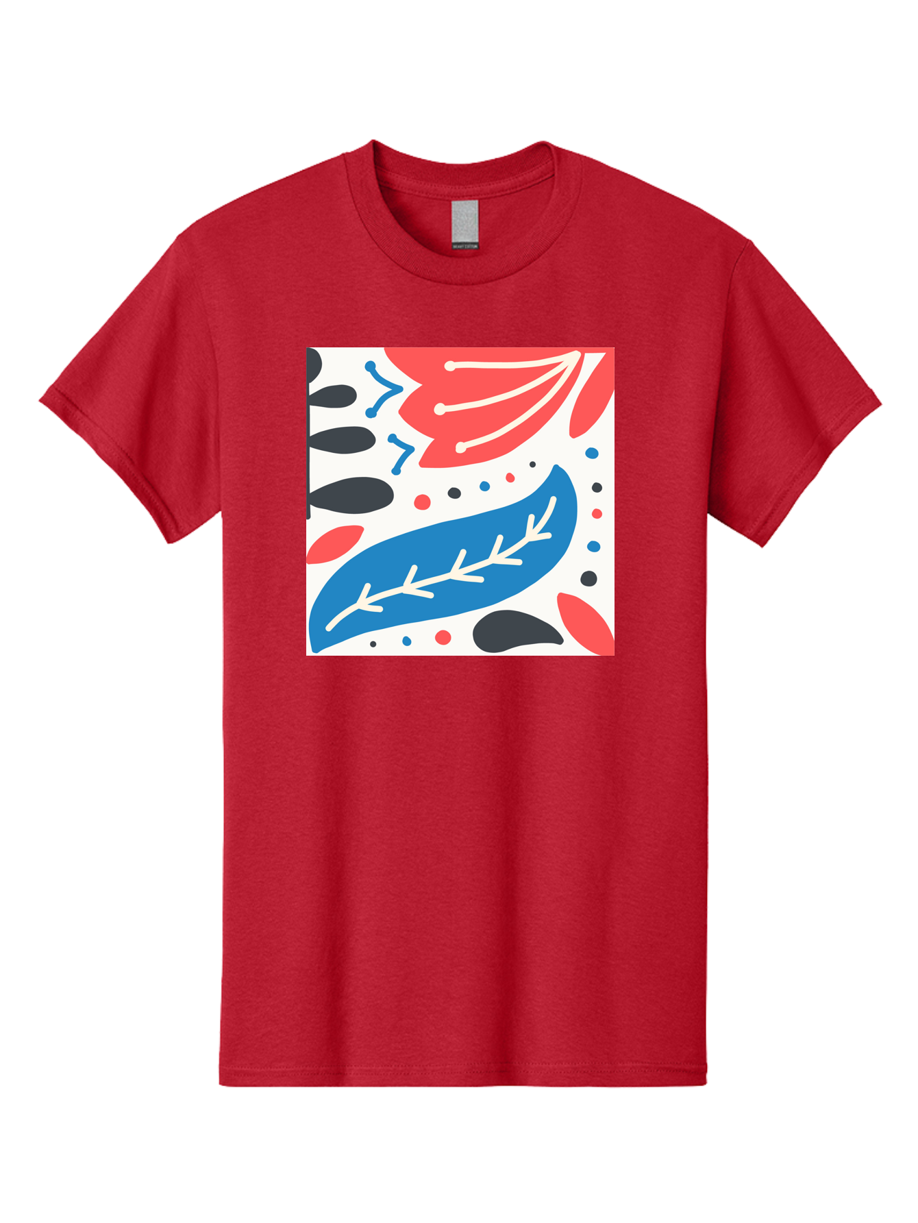 Abstract-Leaves-1 Men'S Graphic Tee, 100% Cotton, Comfortable Casual Summer Wear, Machine Washable, Abstract Leaf Pattern, Modern Design, Colorful Shapes, Red And Blue Leaves, Black Ovals, Scattered Dots, Artistic Expression, Creative Design, Aab657