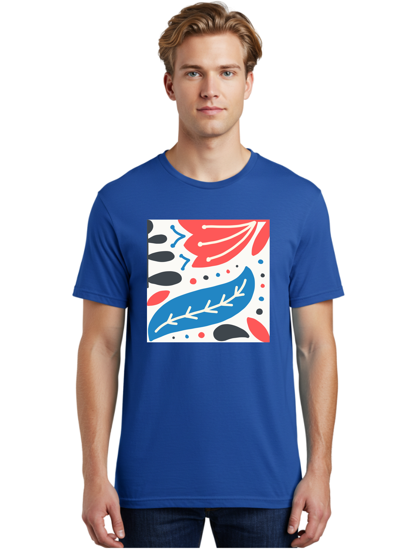 Abstract-Leaves-1 Men'S Graphic Tee, 100% Cotton, Comfortable Casual Summer Wear, Machine Washable, Abstract Leaf Pattern, Modern Design, Colorful Shapes, Red And Blue Leaves, Black Ovals, Scattered Dots, Artistic Expression, Creative Design, Aab657
