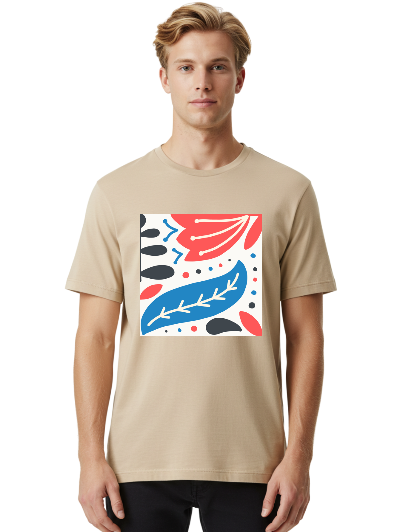 Abstract-Leaves-1 Men'S Graphic Tee, 100% Cotton, Comfortable Casual Summer Wear, Machine Washable, Abstract Leaf Pattern, Modern Design, Colorful Shapes, Red And Blue Leaves, Black Ovals, Scattered Dots, Artistic Expression, Creative Design, Aab657