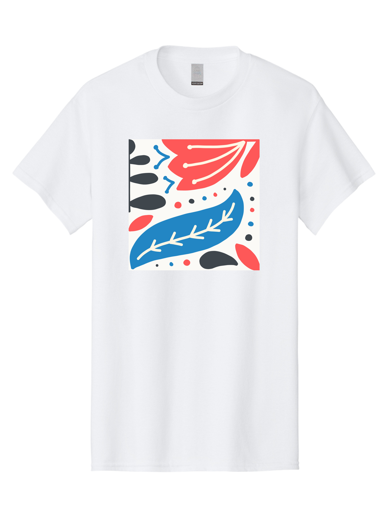 Abstract-Leaves-1 Men'S Graphic Tee, 100% Cotton, Comfortable Casual Summer Wear, Machine Washable, Abstract Leaf Pattern, Modern Design, Colorful Shapes, Red And Blue Leaves, Black Ovals, Scattered Dots, Artistic Expression, Creative Design, Aab657