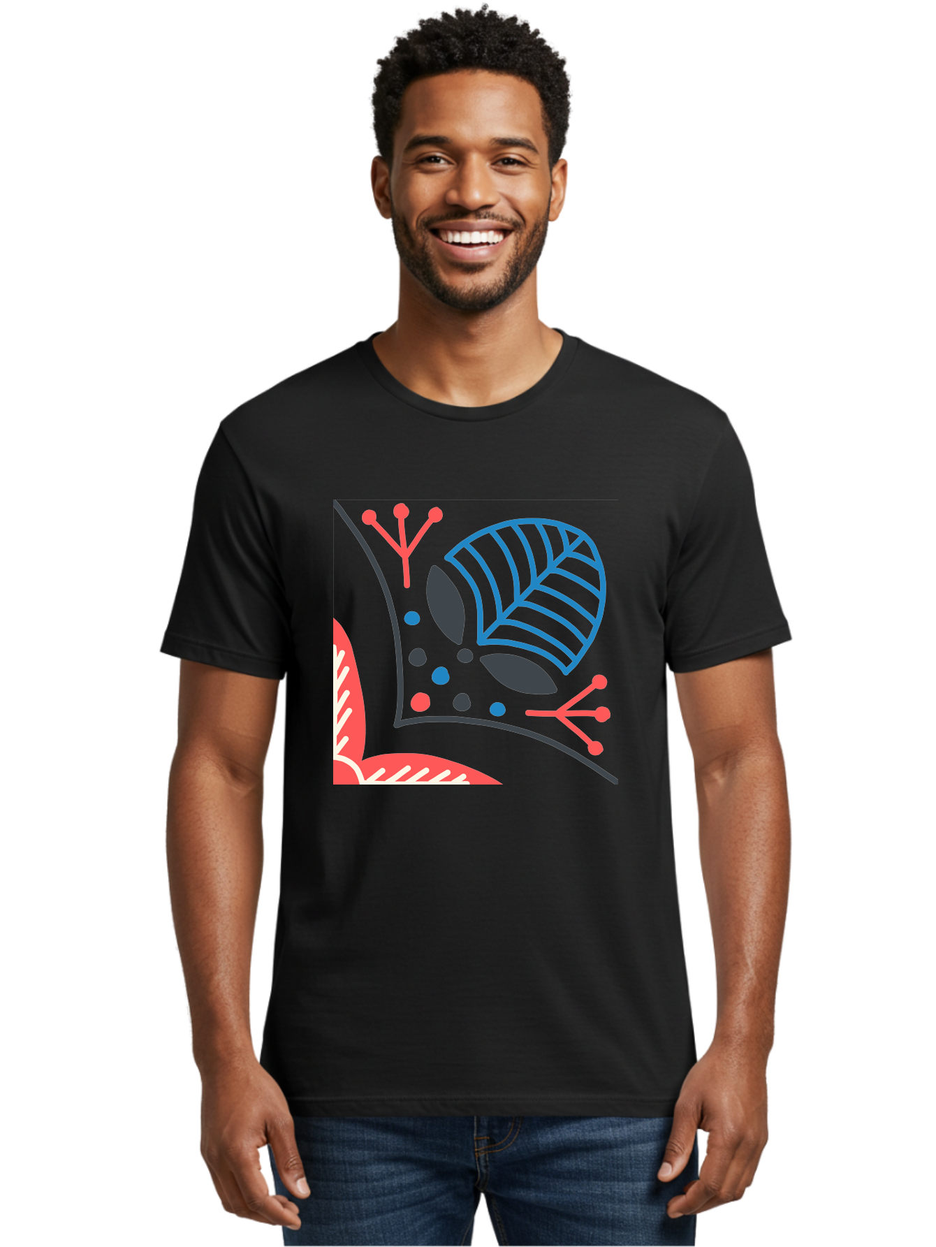 Abstract-Leaves Men'S Graphic Tee, 100% Cotton, Comfortable Casual Summer Wear, Machine Washable, Stylized Leaf, Abstract Foliage, Vibrant Colors, Playful Patterns, Blue Lines, Red Accents, Black Dots, Graphic Design Elements, Modern Art, Aab658