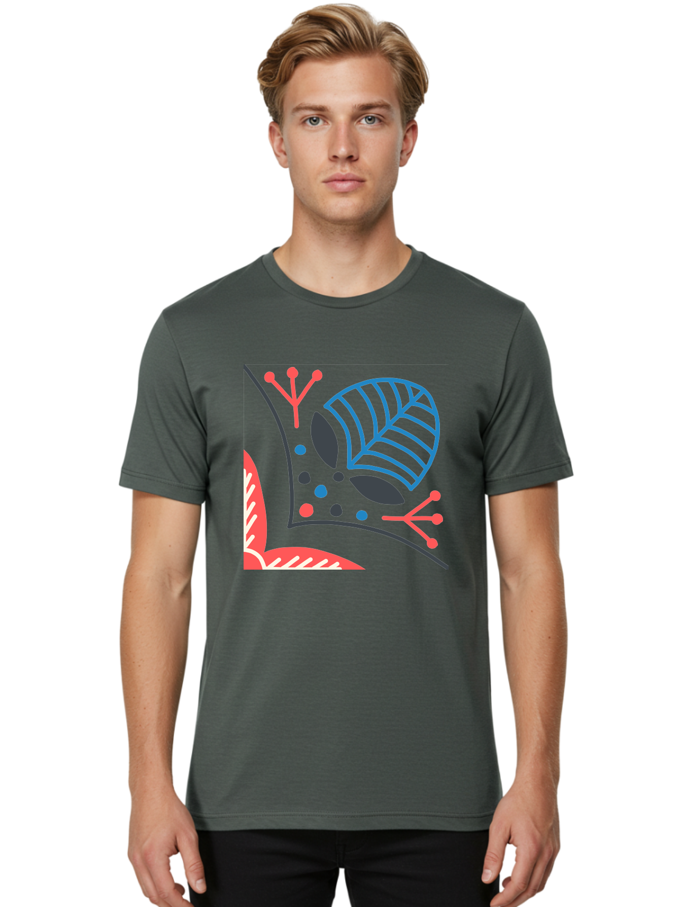 Abstract-Leaves Men'S Graphic Tee, 100% Cotton, Comfortable Casual Summer Wear, Machine Washable, Stylized Leaf, Abstract Foliage, Vibrant Colors, Playful Patterns, Blue Lines, Red Accents, Black Dots, Graphic Design Elements, Modern Art, Aab658