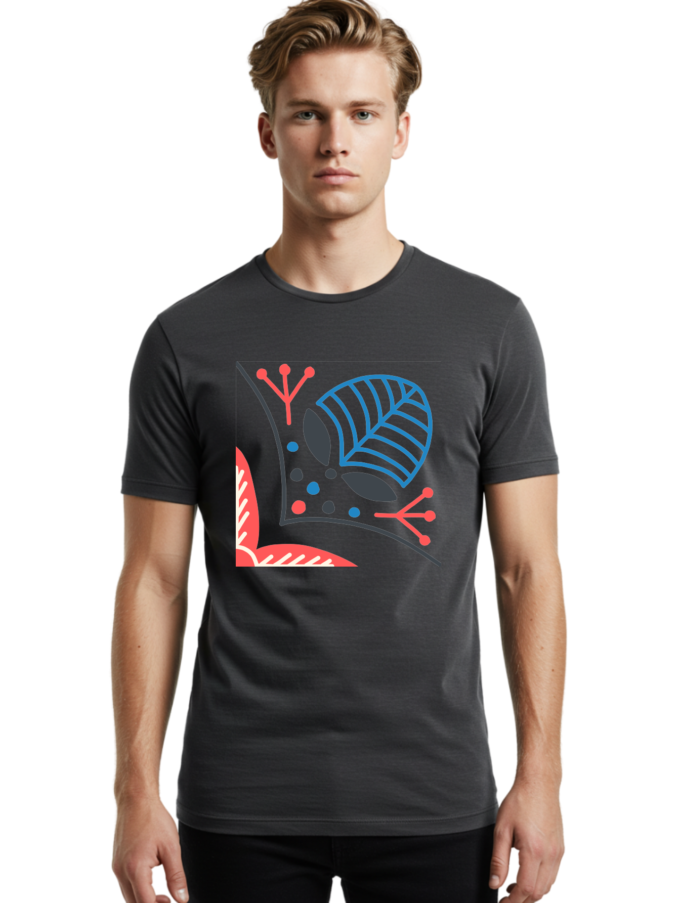 Abstract-Leaves Men'S Graphic Tee, 100% Cotton, Comfortable Casual Summer Wear, Machine Washable, Stylized Leaf, Abstract Foliage, Vibrant Colors, Playful Patterns, Blue Lines, Red Accents, Black Dots, Graphic Design Elements, Modern Art, Aab658