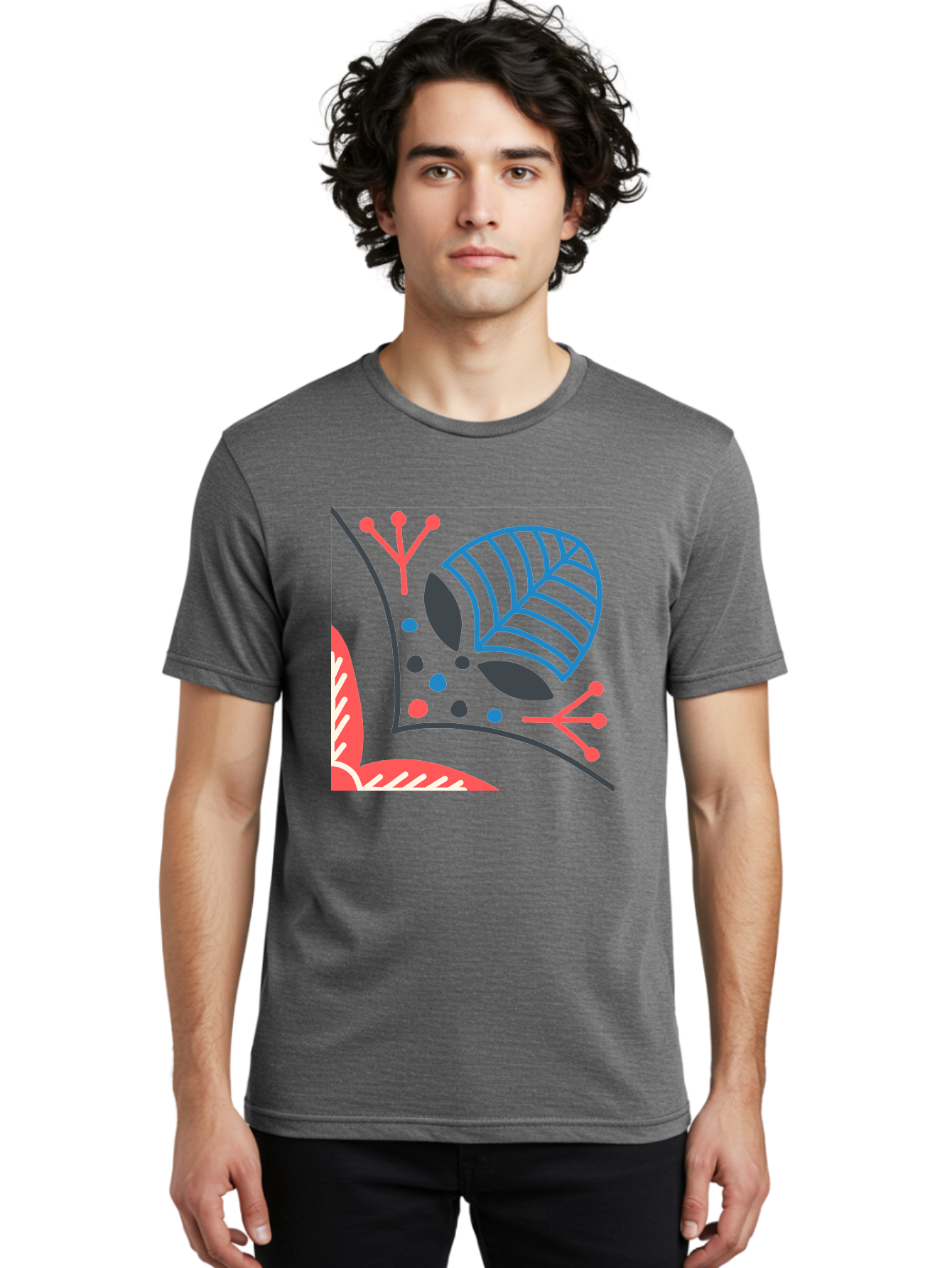 Abstract-Leaves Men'S Graphic Tee, 100% Cotton, Comfortable Casual Summer Wear, Machine Washable, Stylized Leaf, Abstract Foliage, Vibrant Colors, Playful Patterns, Blue Lines, Red Accents, Black Dots, Graphic Design Elements, Modern Art, Aab658