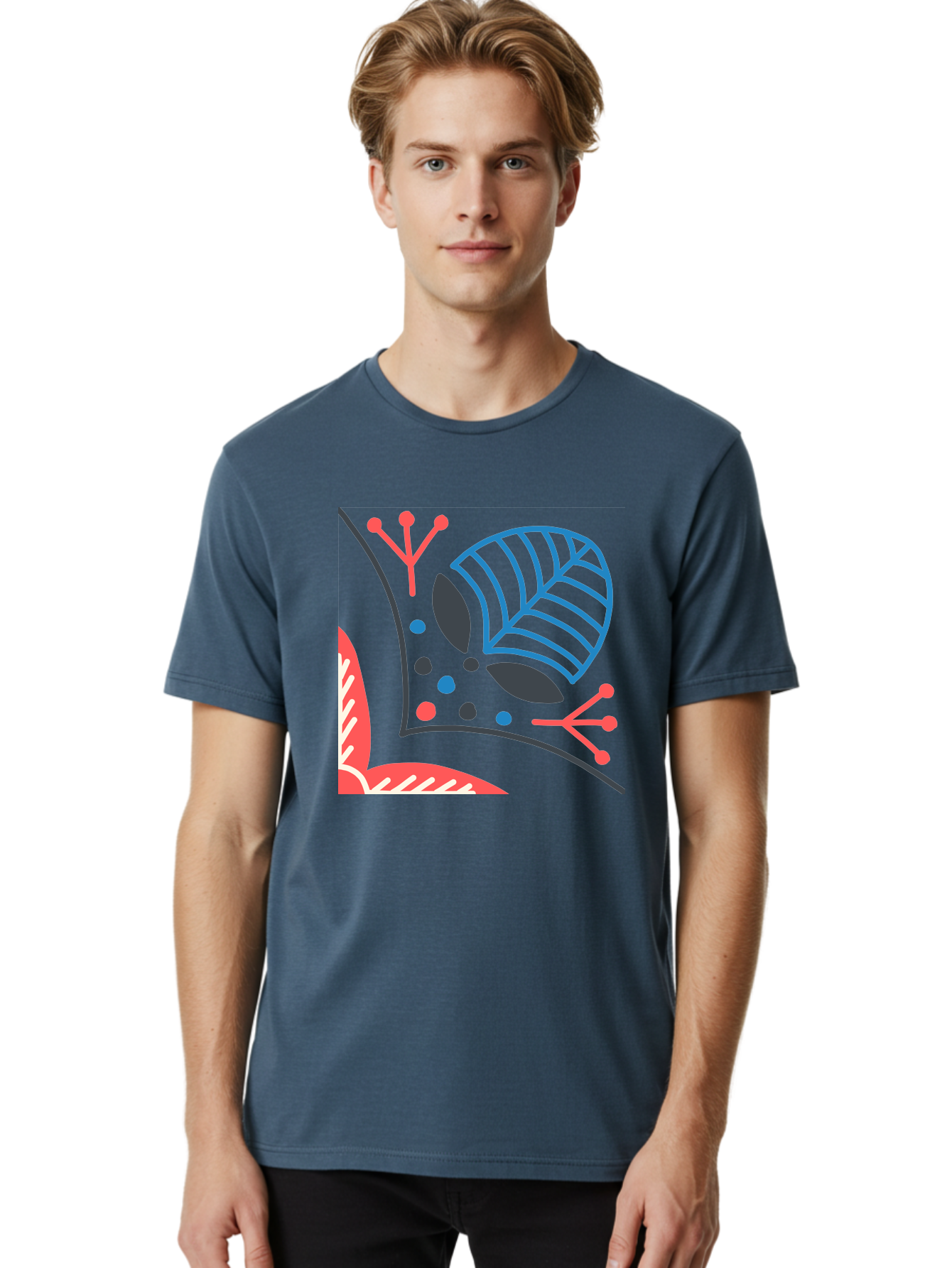 Abstract-Leaves Men'S Graphic Tee, 100% Cotton, Comfortable Casual Summer Wear, Machine Washable, Stylized Leaf, Abstract Foliage, Vibrant Colors, Playful Patterns, Blue Lines, Red Accents, Black Dots, Graphic Design Elements, Modern Art, Aab658