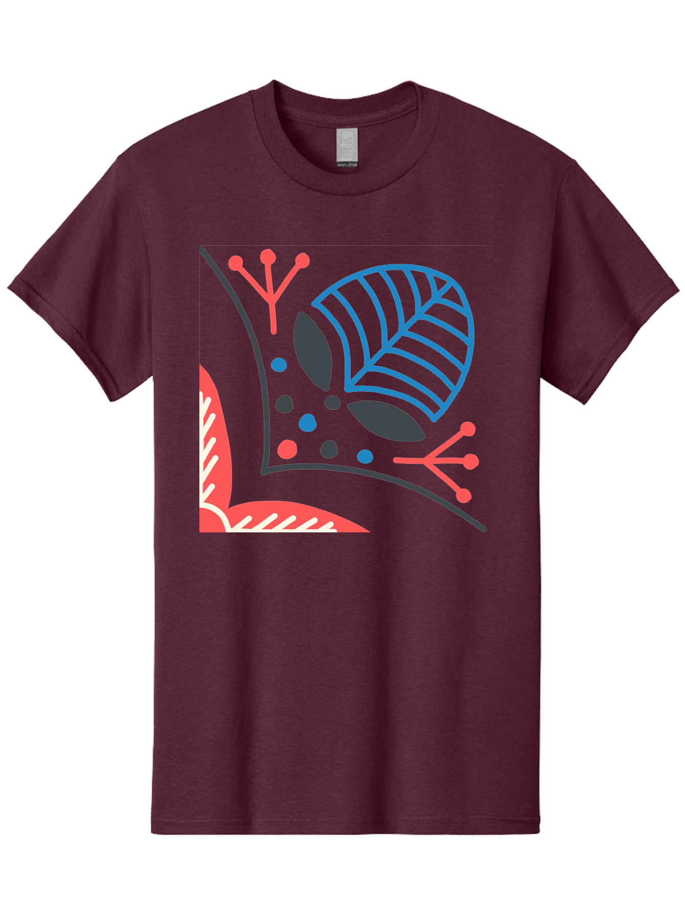Abstract-Leaves Men'S Graphic Tee, 100% Cotton, Comfortable Casual Summer Wear, Machine Washable, Stylized Leaf, Abstract Foliage, Vibrant Colors, Playful Patterns, Blue Lines, Red Accents, Black Dots, Graphic Design Elements, Modern Art, Aab658